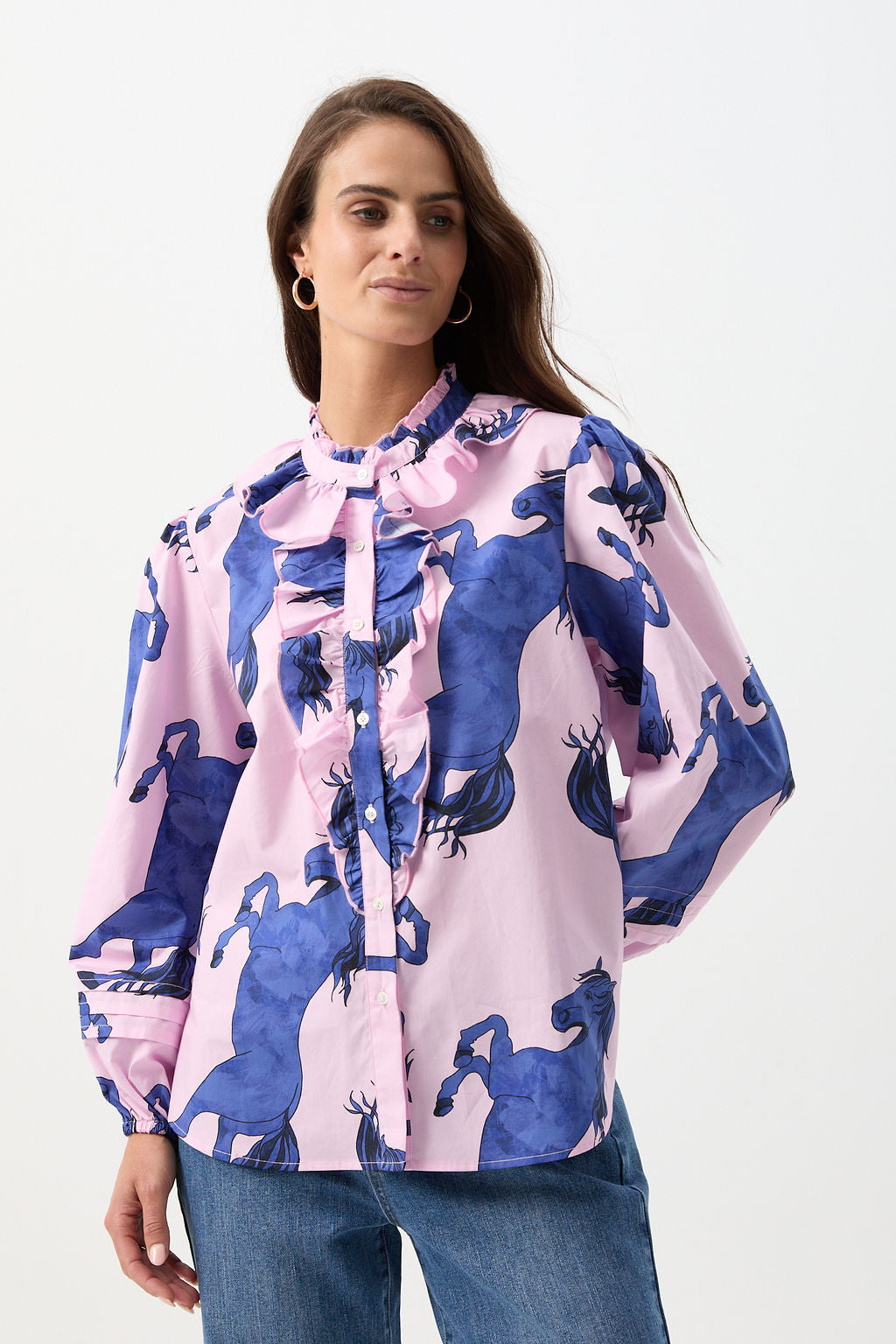 Cloth+Paper+Scissors Front Ruffle Blouse - Stallion Print