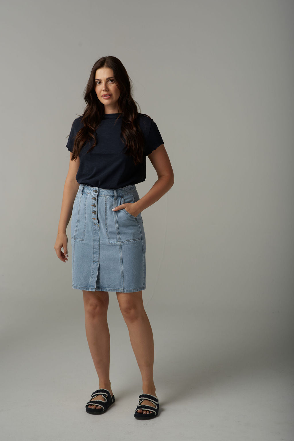 Cloth+Paper+Scissors Button Through Denim Skirt - Light Blue