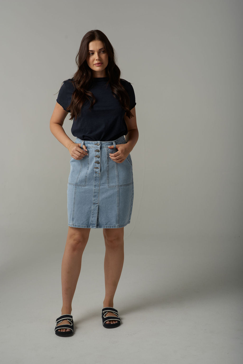 Cloth+Paper+Scissors Button Through Denim Skirt - Light Blue