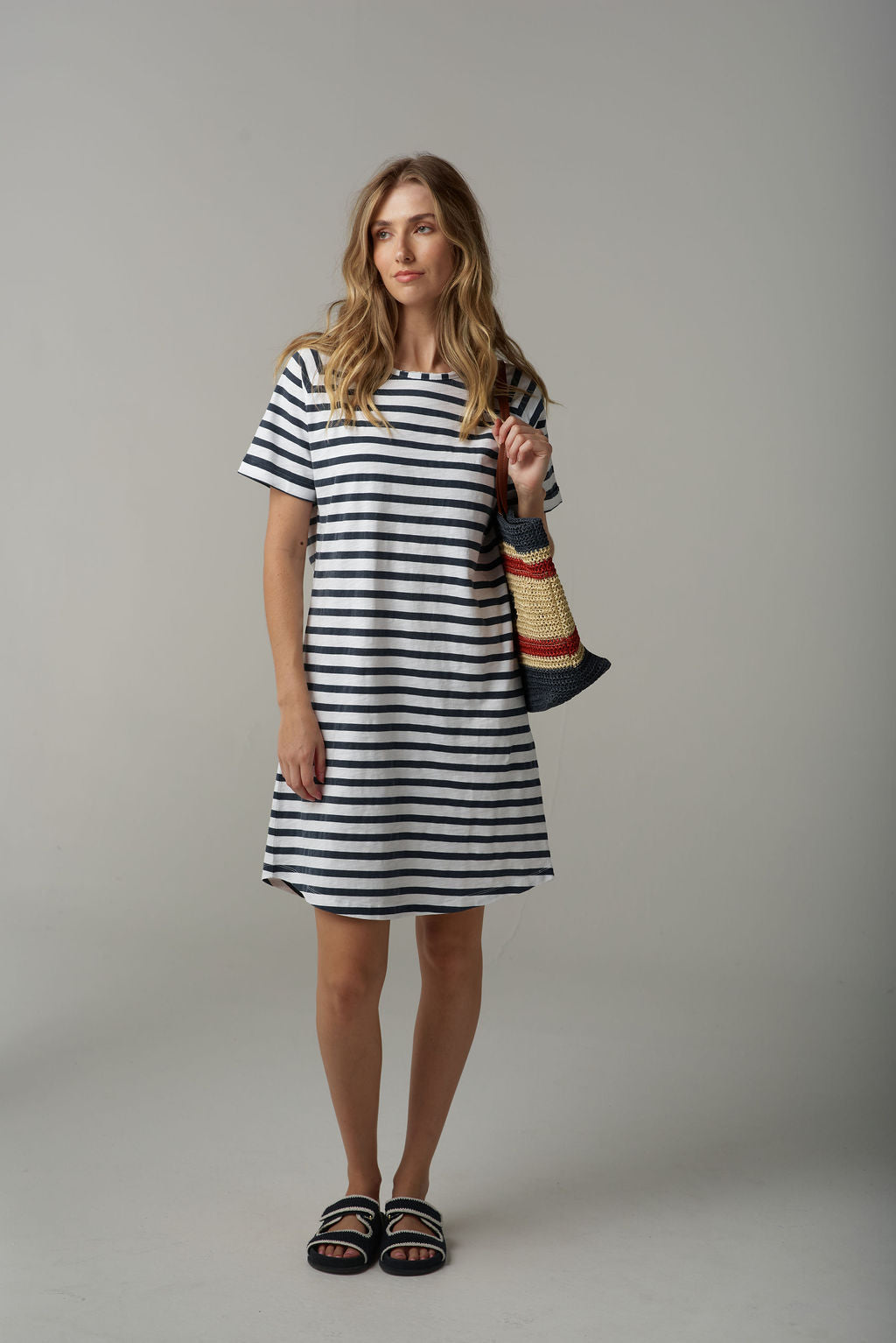 Cloth+Paper+Scissors Stripe Raglan Tee Dress - White/Parisian Navy