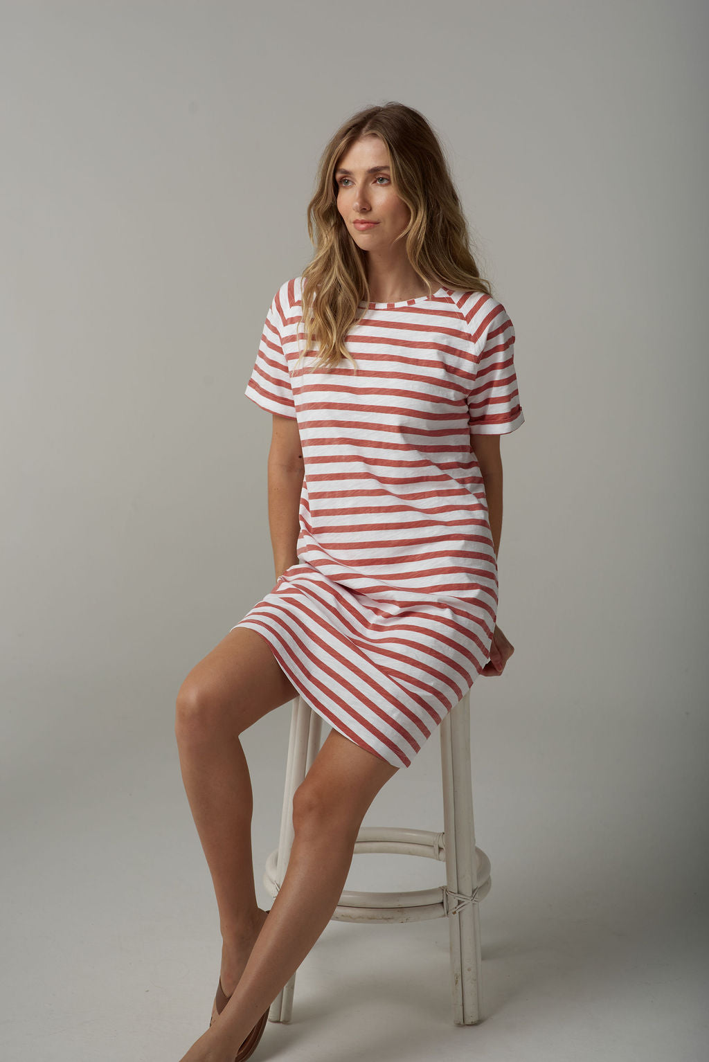 Cloth+Paper+Scissors Stripe Raglan Tee Dress - White/Terracotta