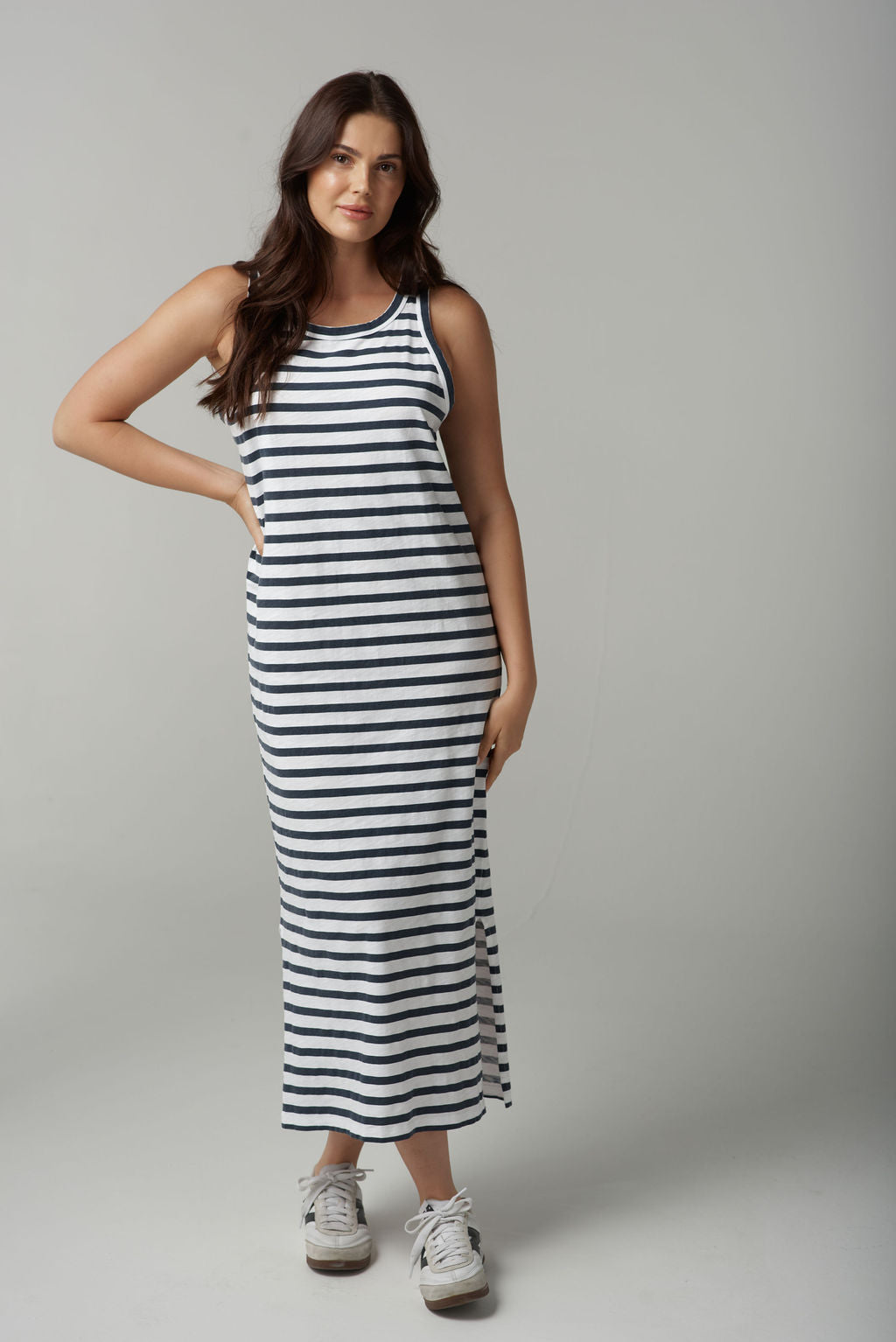 Cloth+Paper+Scissors Stripe Straight Long Dress - White/Parisian Navy