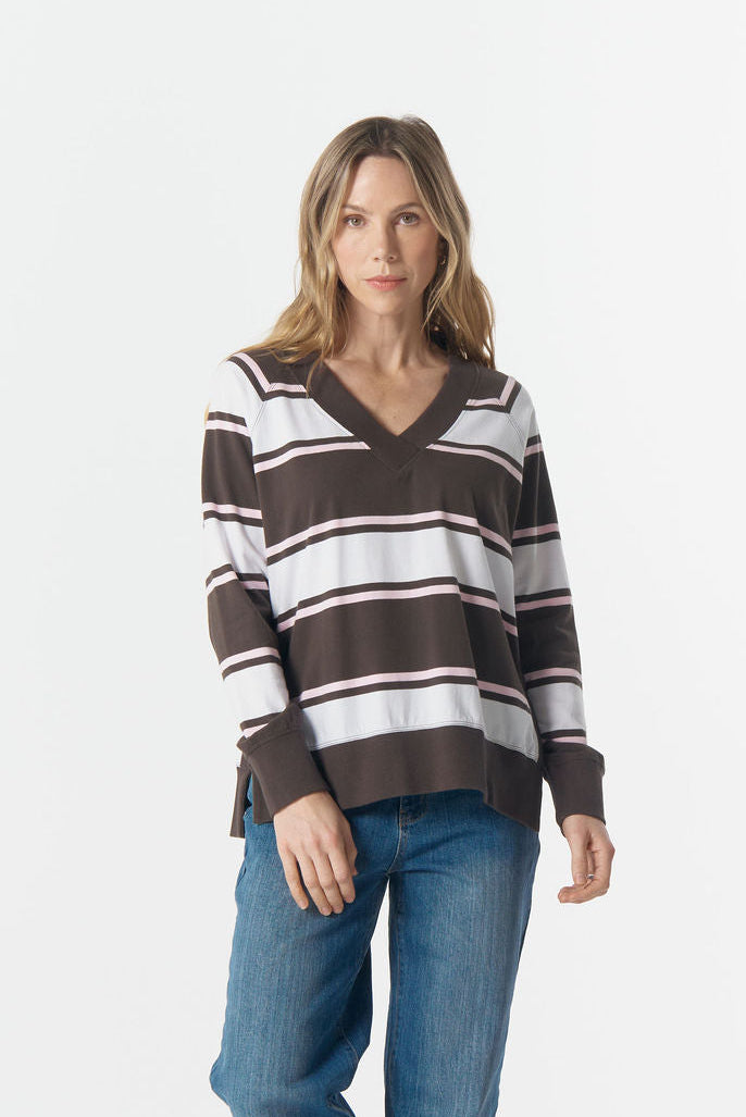 Cloth+Paper+Scissors Rugby Club V Neck Sweater - Chocolate Torte