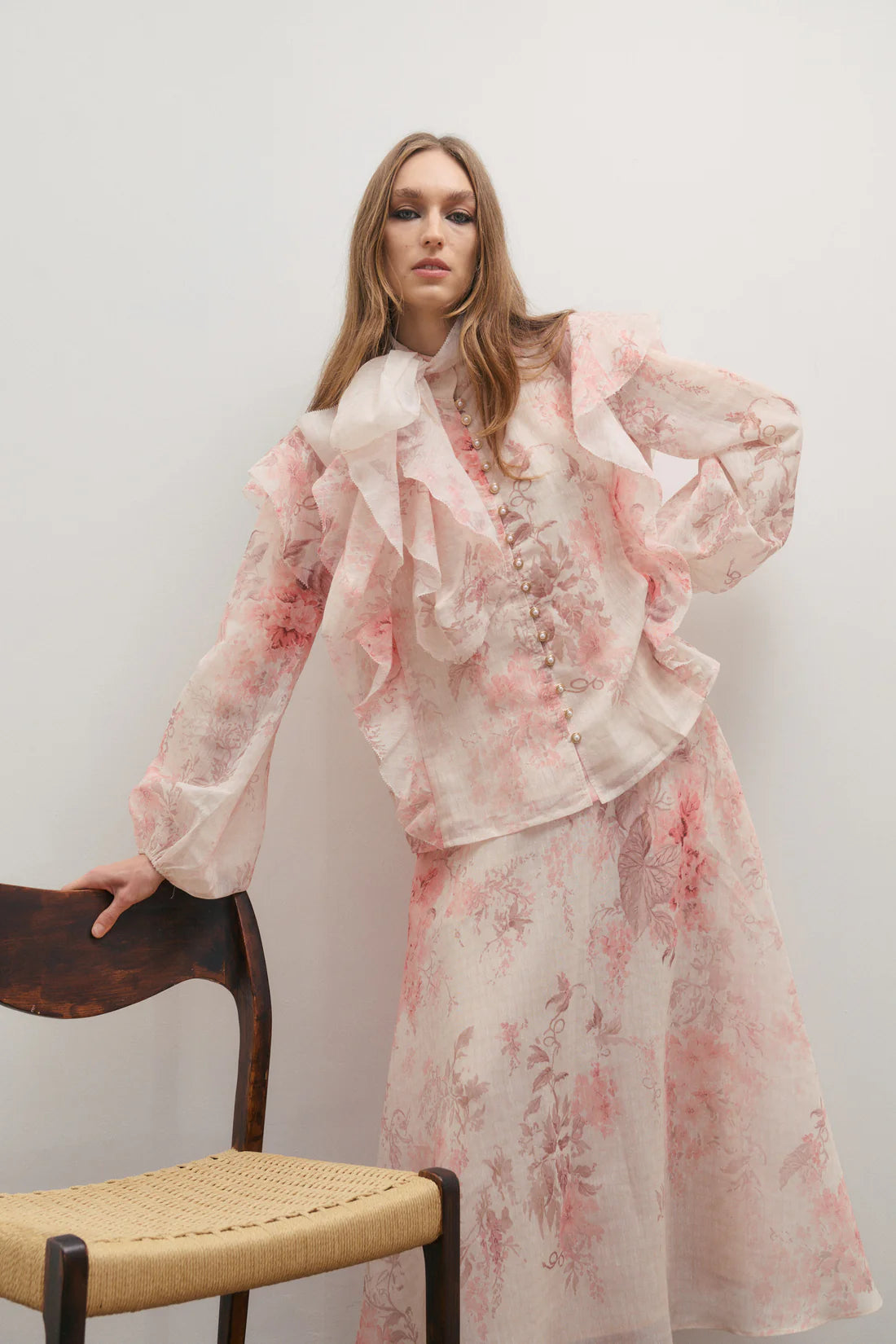 Maevarii Chloe Ruffle Bow Blouse - Floating Frost Flowers