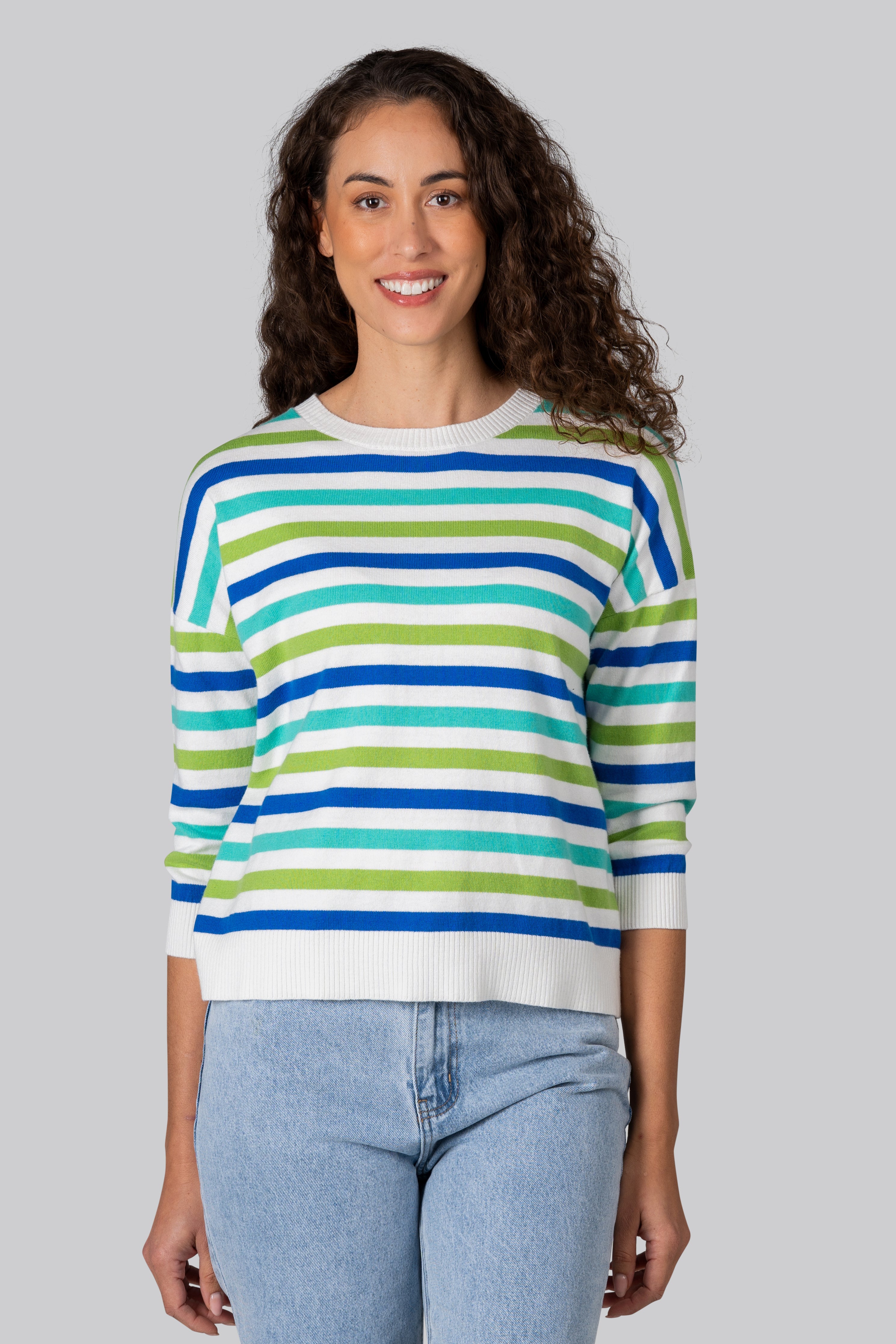 Kaleido 7/8 Sleeve Button Back Multi Stripe Top