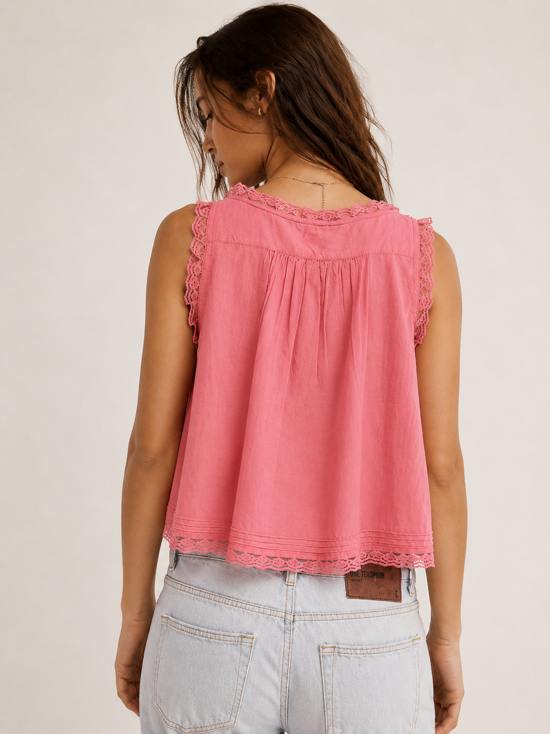 Smaibulun Lace Detail Cotton Top - Peach
