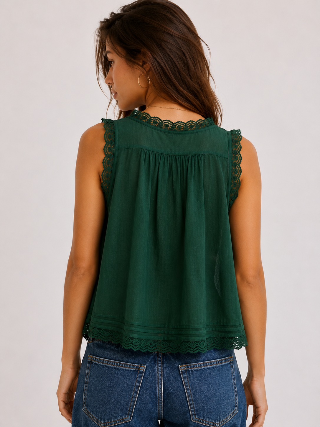 Smaibulun Lace Detail Cotton Top - Dark Green