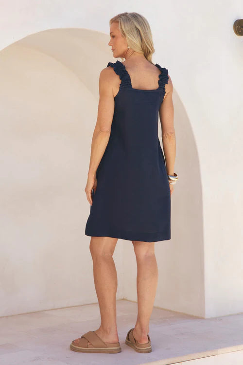 Adrift Claire Short Linen Dress - Navy