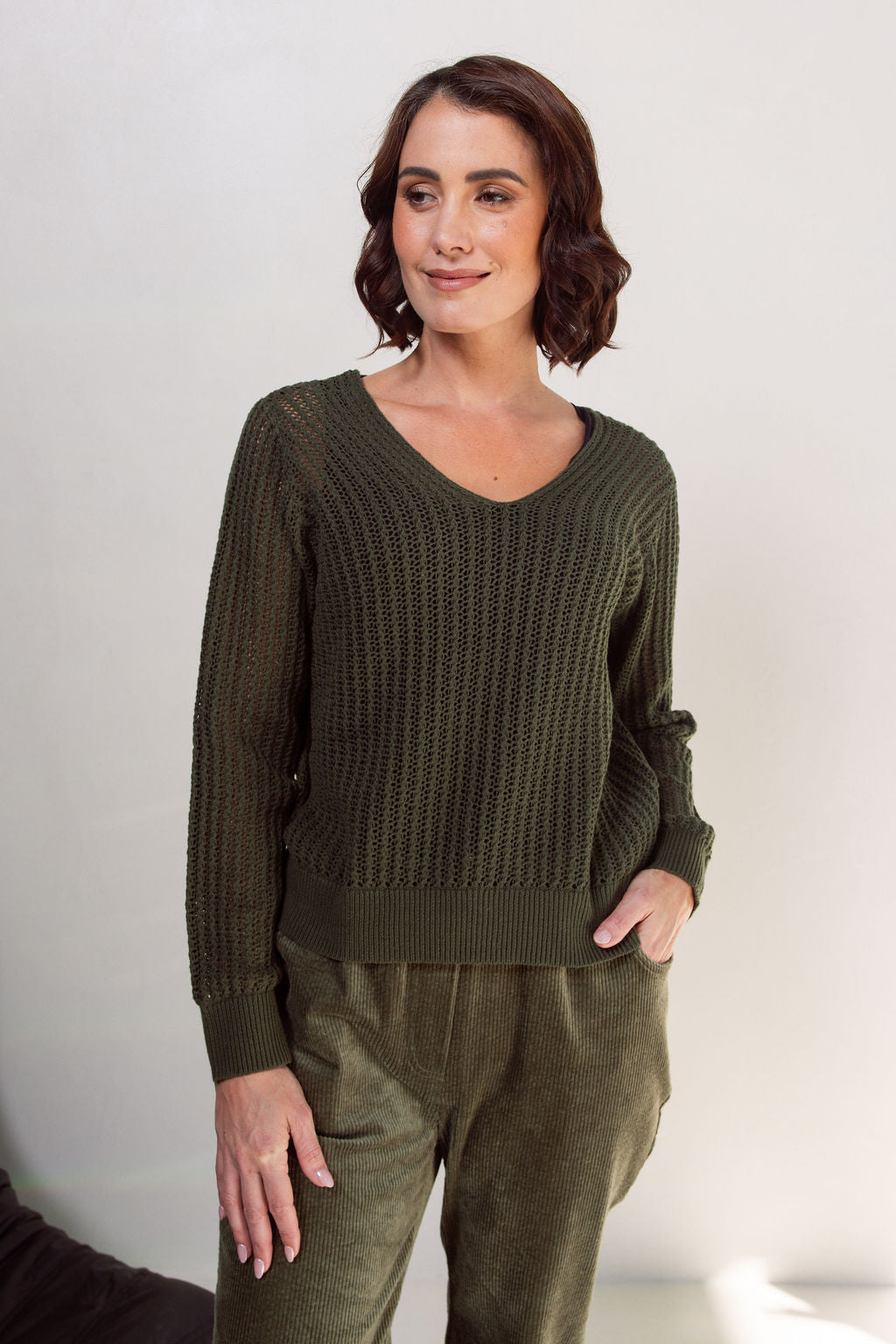 See Saw Open Stitch V-Neck Sweater - Khaki
