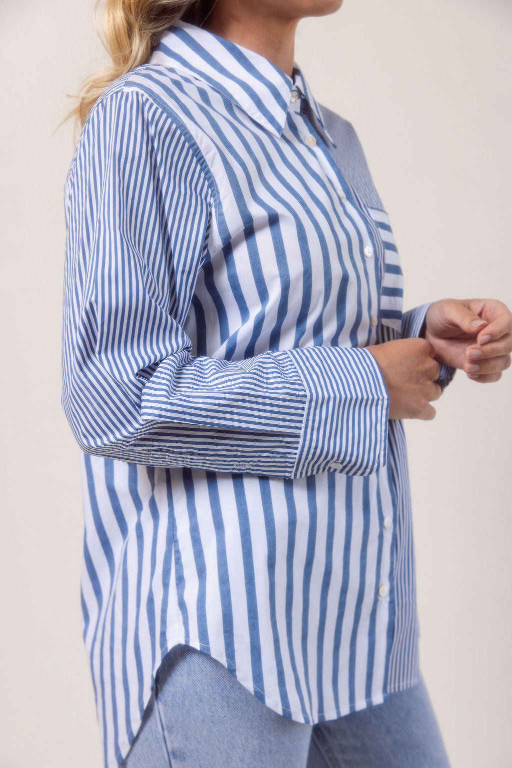 See Saw Stripe Long Sleeve Two Way Shirt - Denim/White