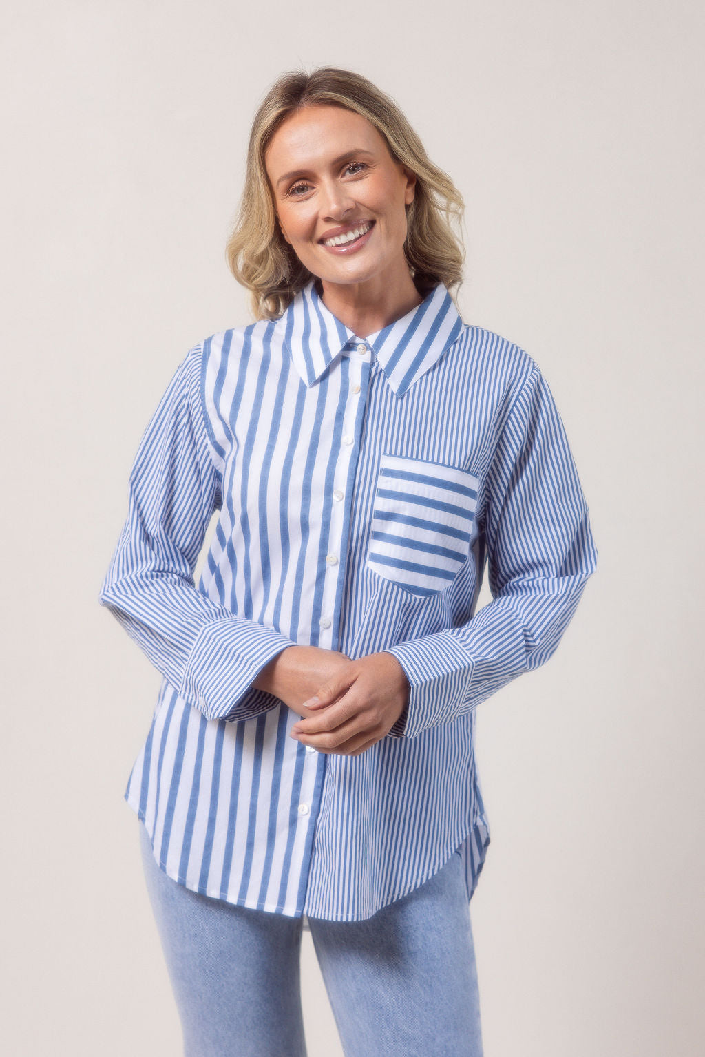 See Saw Stripe Long Sleeve Two Way Shirt - Denim/White