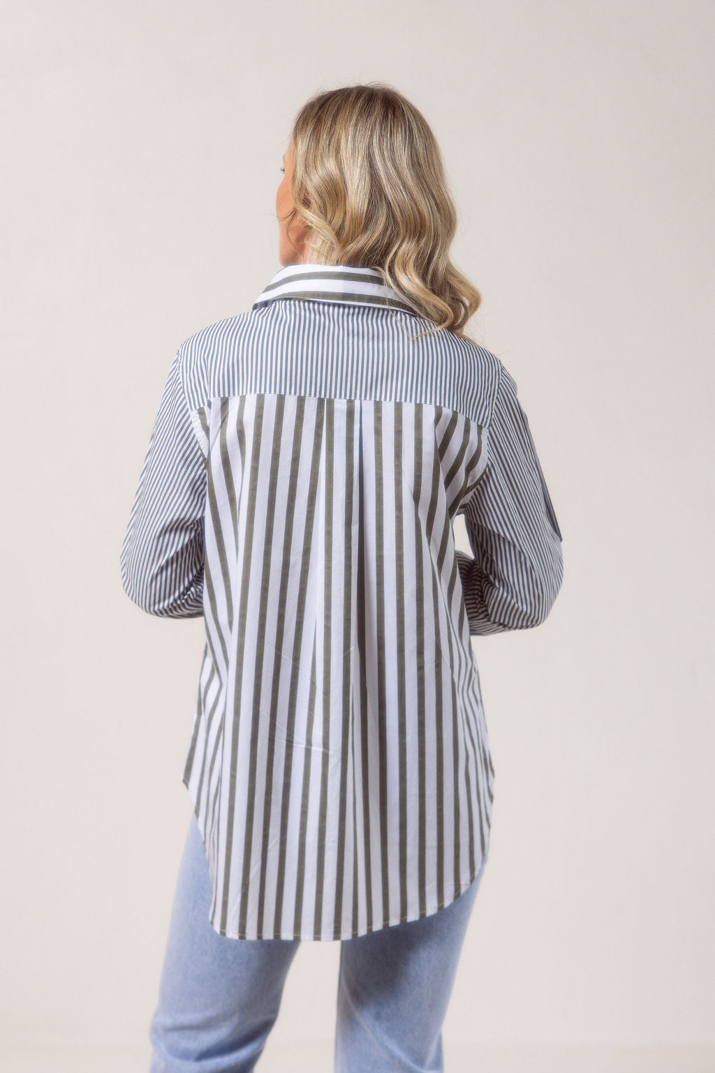 See Saw Stripe Long Sleeve Two Way Shirt - Khaki/White