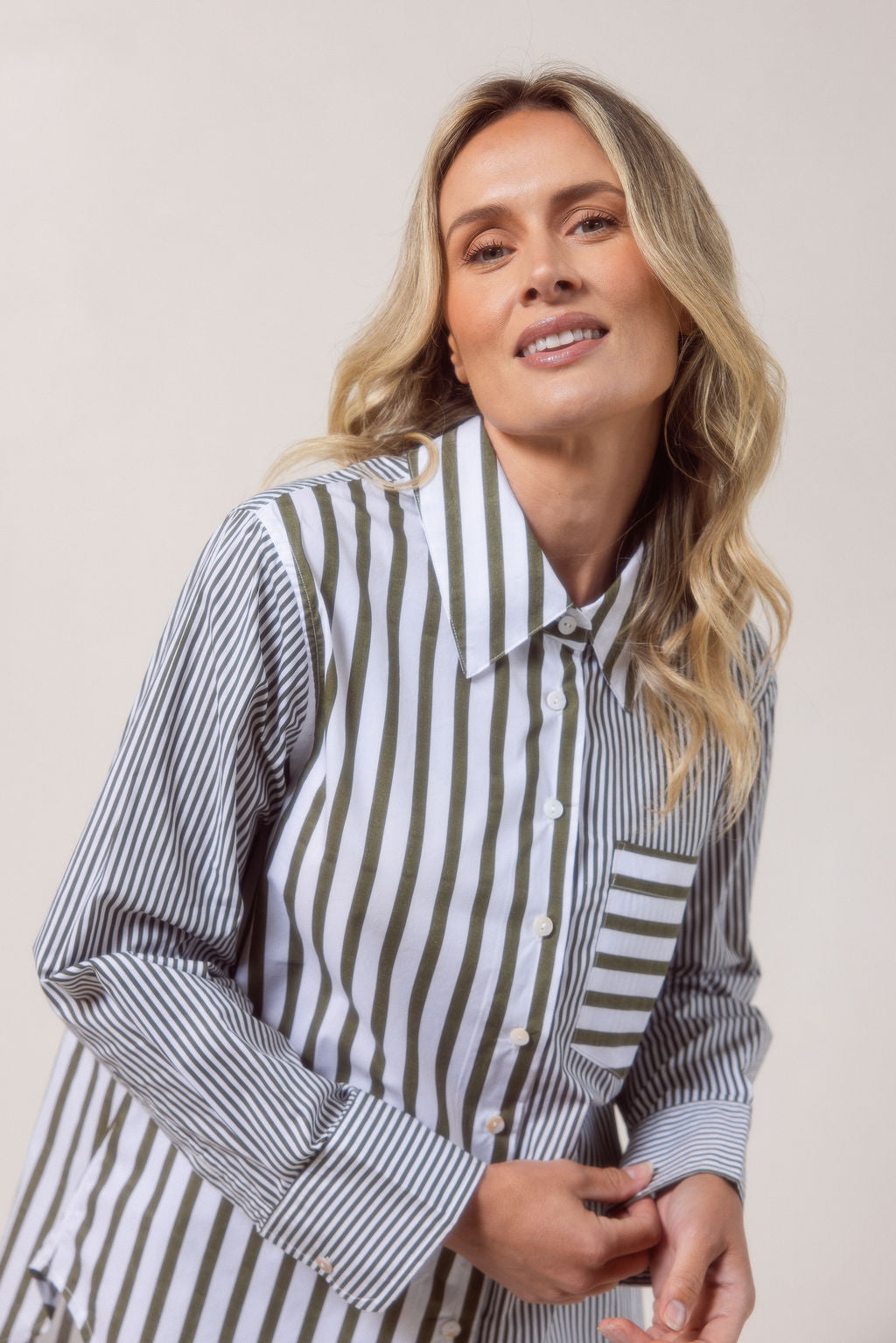 See Saw Stripe Long Sleeve Two Way Shirt - Khaki/White
