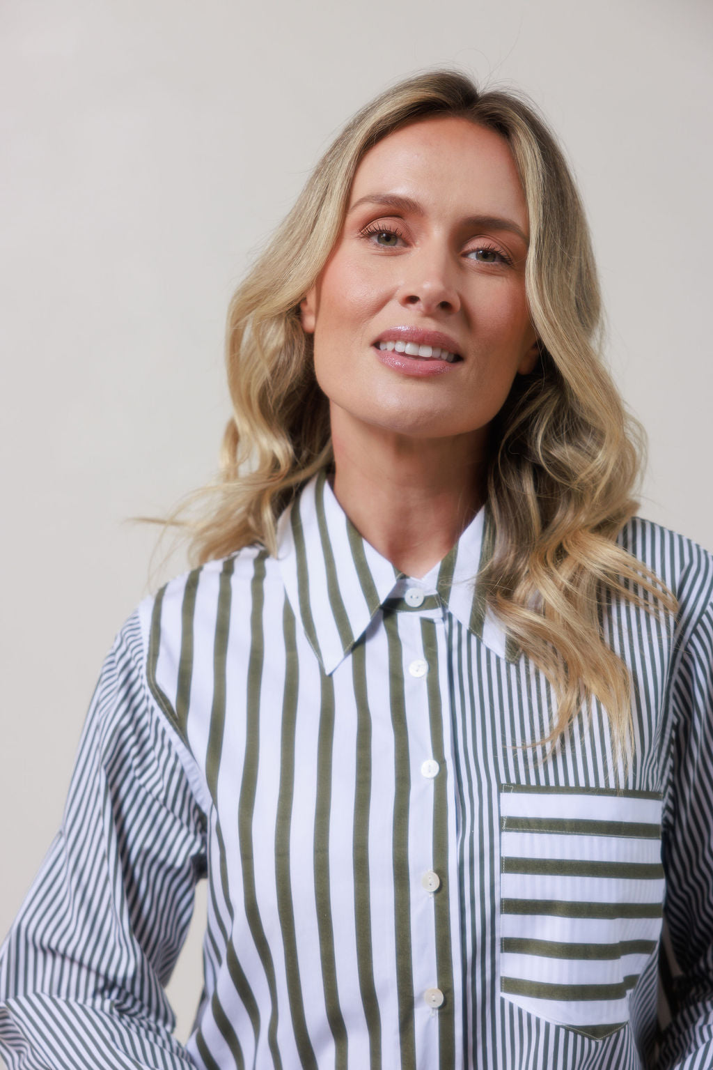 See Saw Stripe Long Sleeve Two Way Shirt - Khaki/White