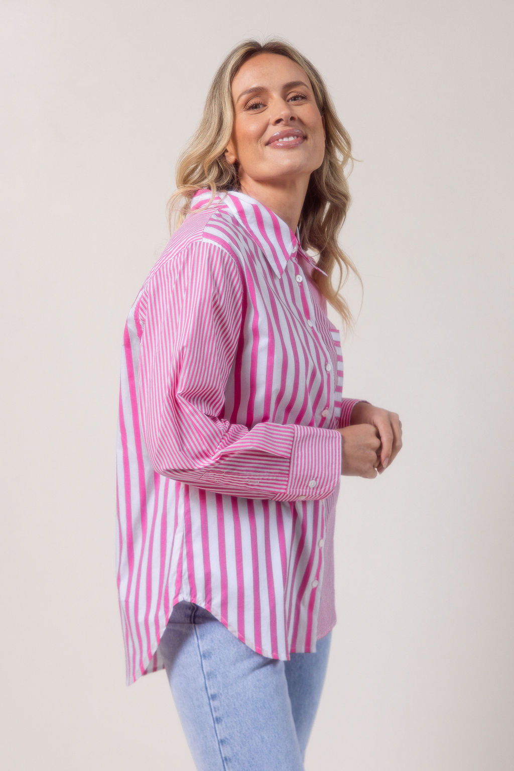See Saw Long Sleeve Two Way Shirt - Pink/White