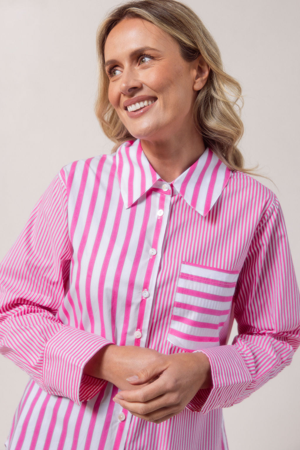 See Saw Long Sleeve Two Way Shirt - Pink/White