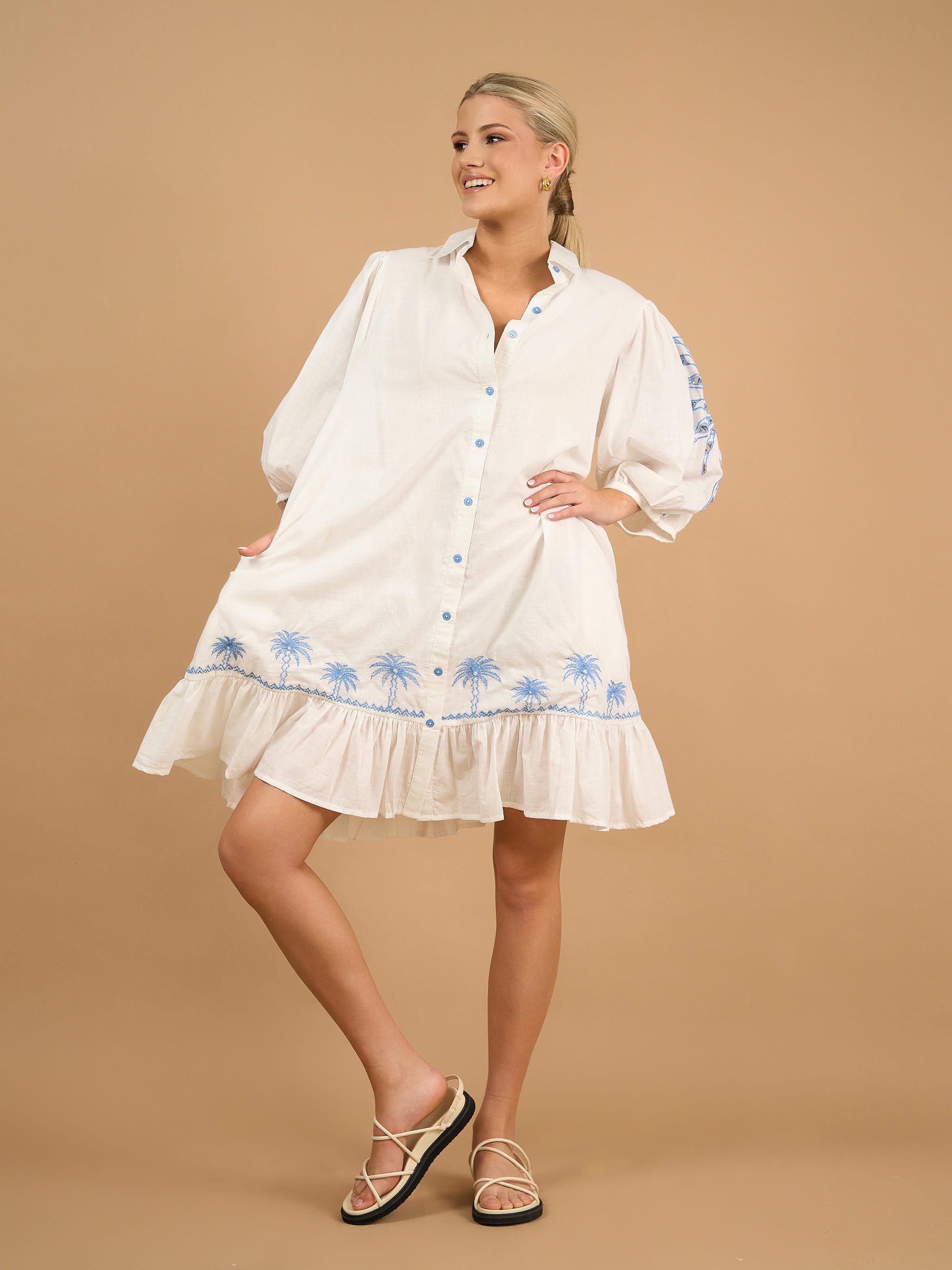 Collectivo June Dress - White/Blue Palm