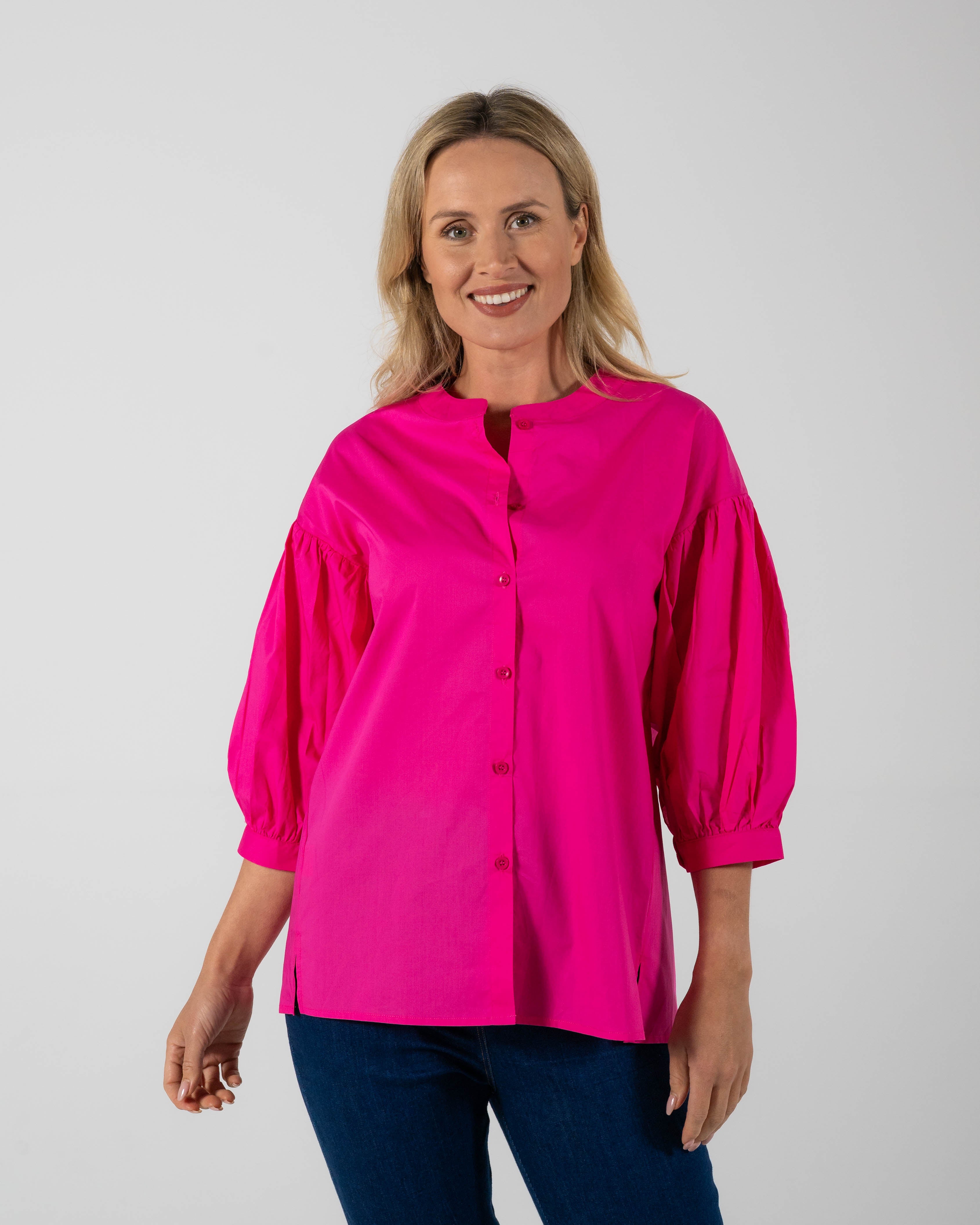 See Saw Cotton 7/8 Gathered Sleeve Shirt - Hot Pink