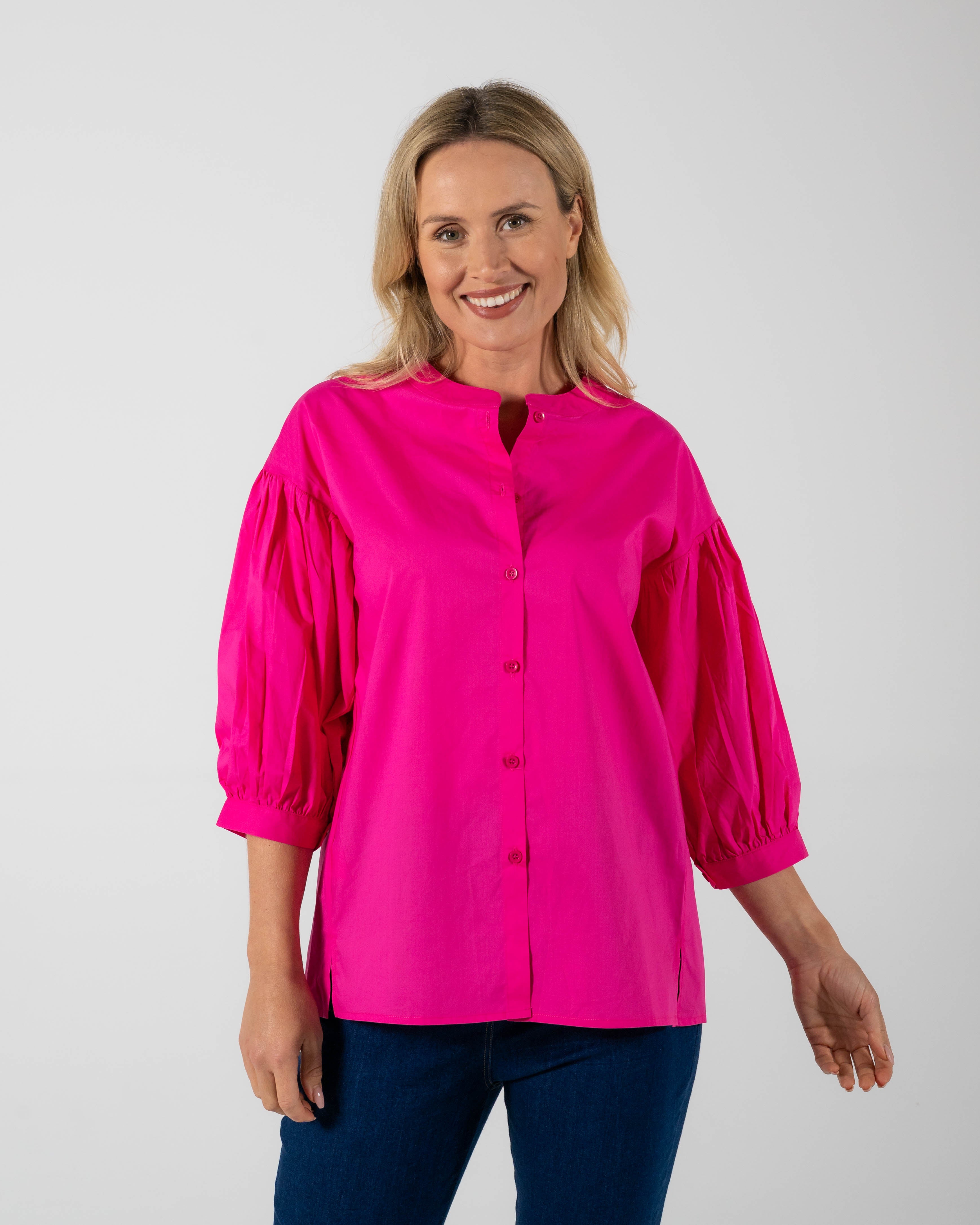 See Saw Cotton 7/8 Gathered Sleeve Shirt - Hot Pink