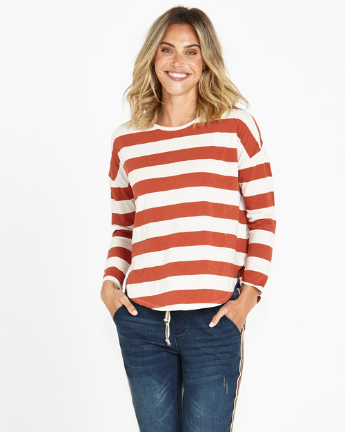 Betty Basics Jessie Long Sleeve Top - Dusty Terracotta Stripe