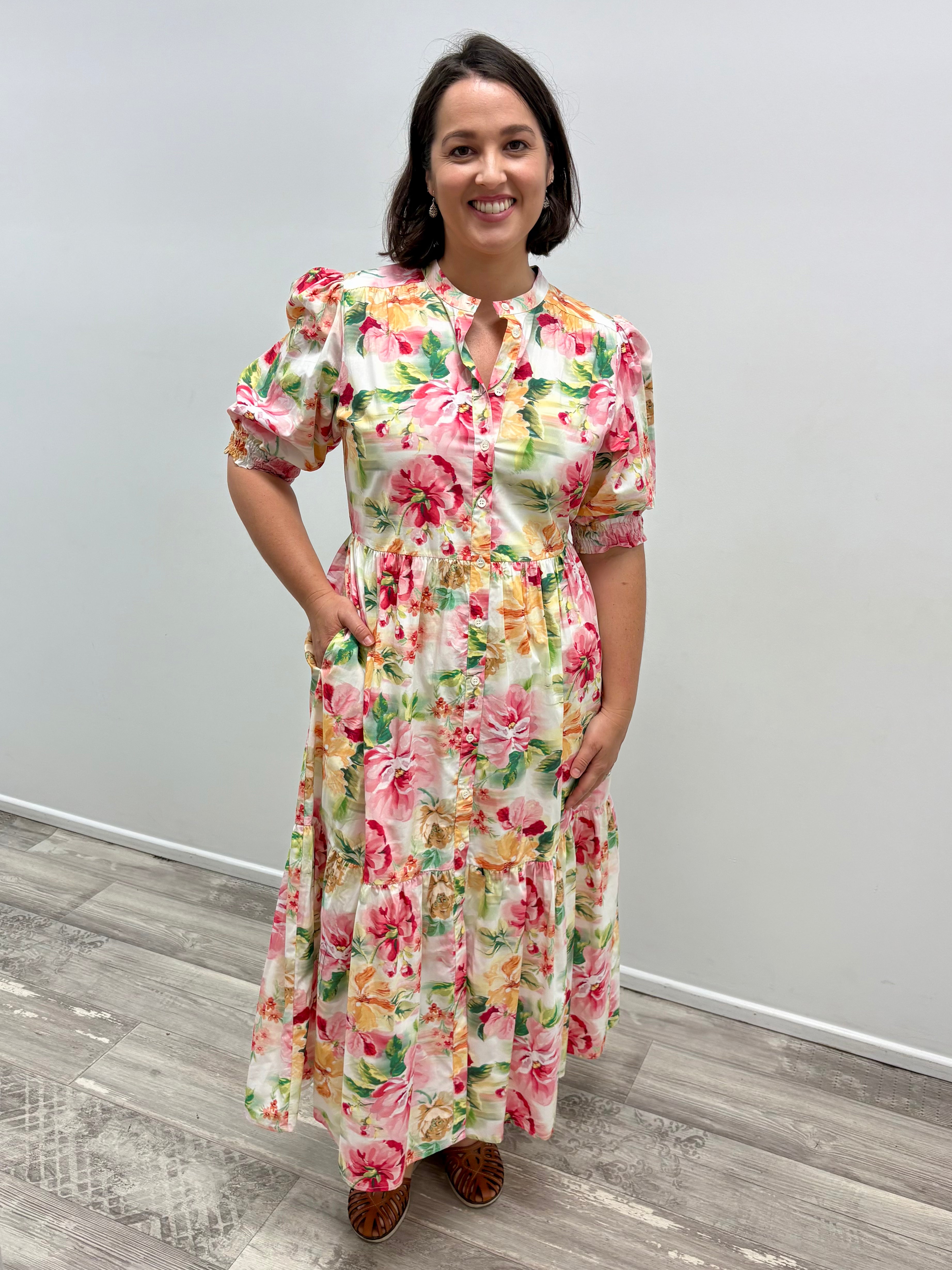 Goondiwindi Cotton Floral Dress with Self Belt - Blurred Floral