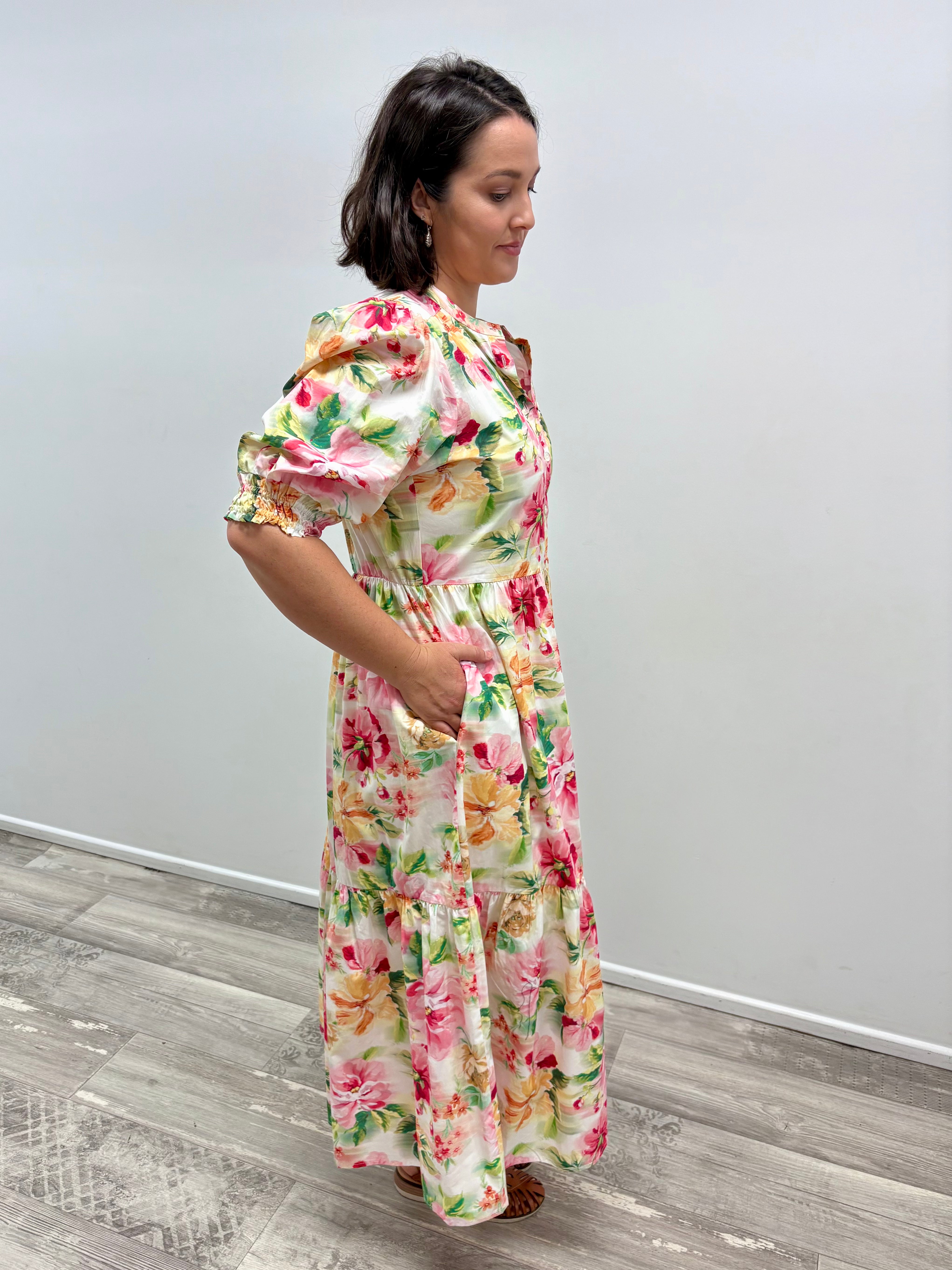 Goondiwindi Cotton Floral Dress with Self Belt - Blurred Floral