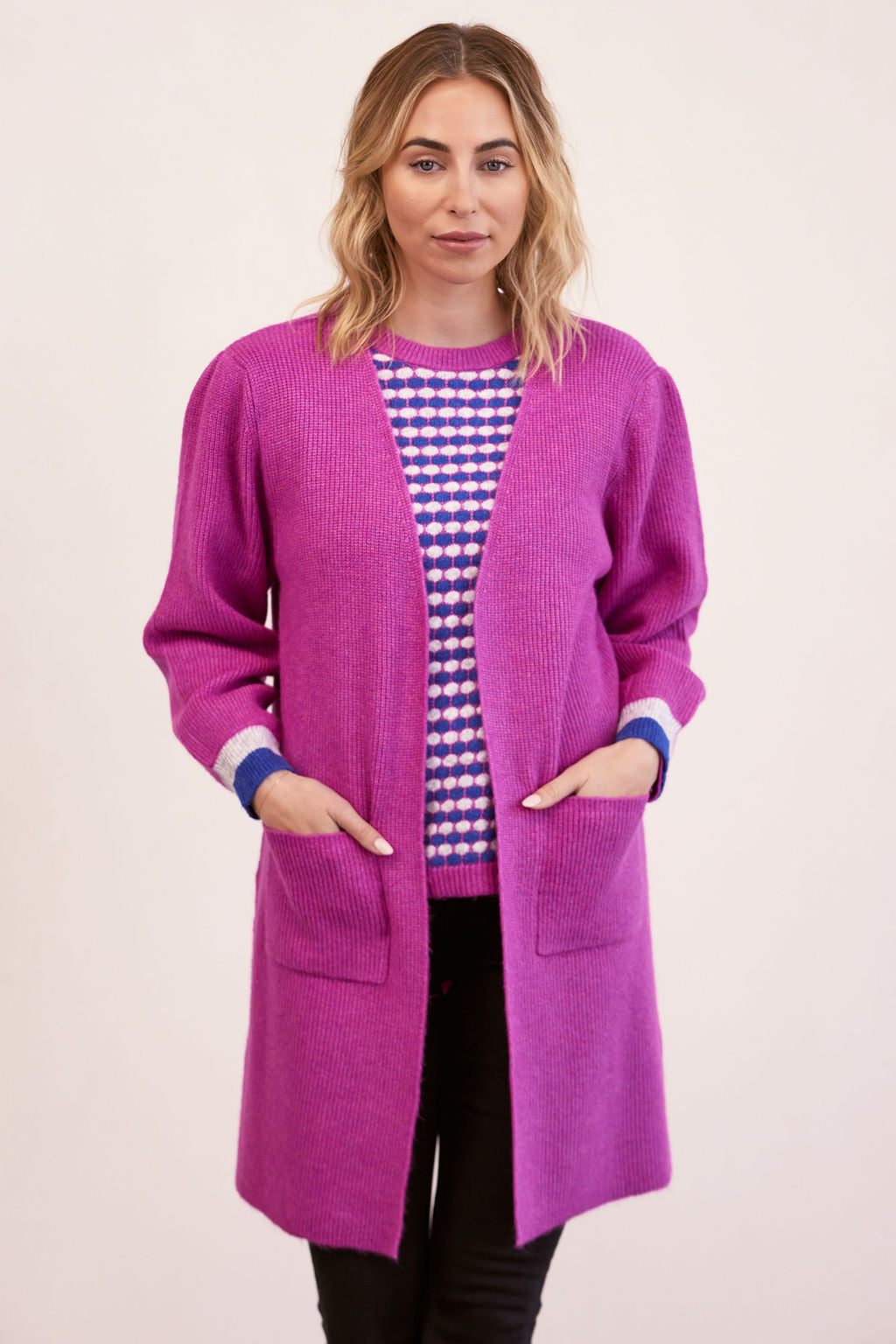 Kaleido Open Long Line 2 Pocket Cardigan - Cerise