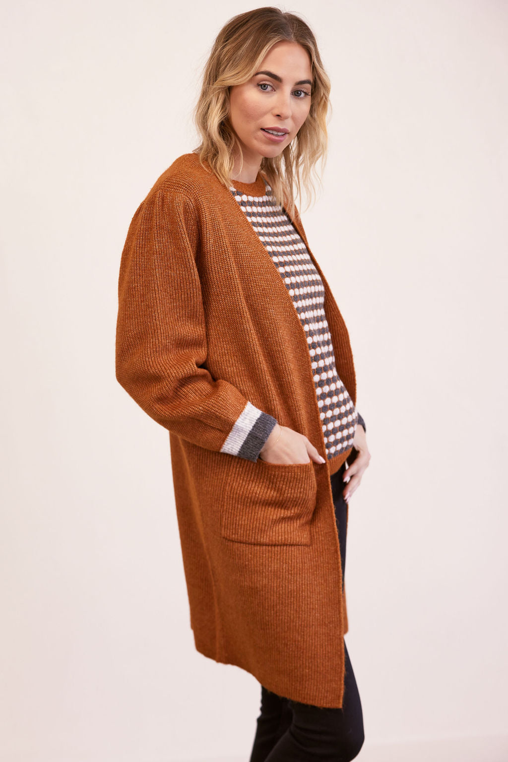 Kaleido Open Long Line 2 Pocket Cardigan - Copper