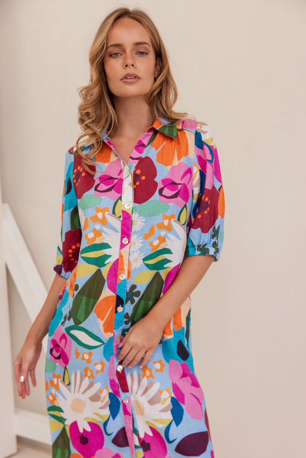 Kaleido Collared Button Thru Dress - Bloom Burst