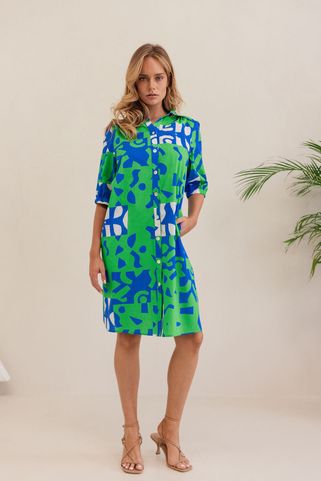 Kaleido Collared Button Thru Dress - Puzzle Print