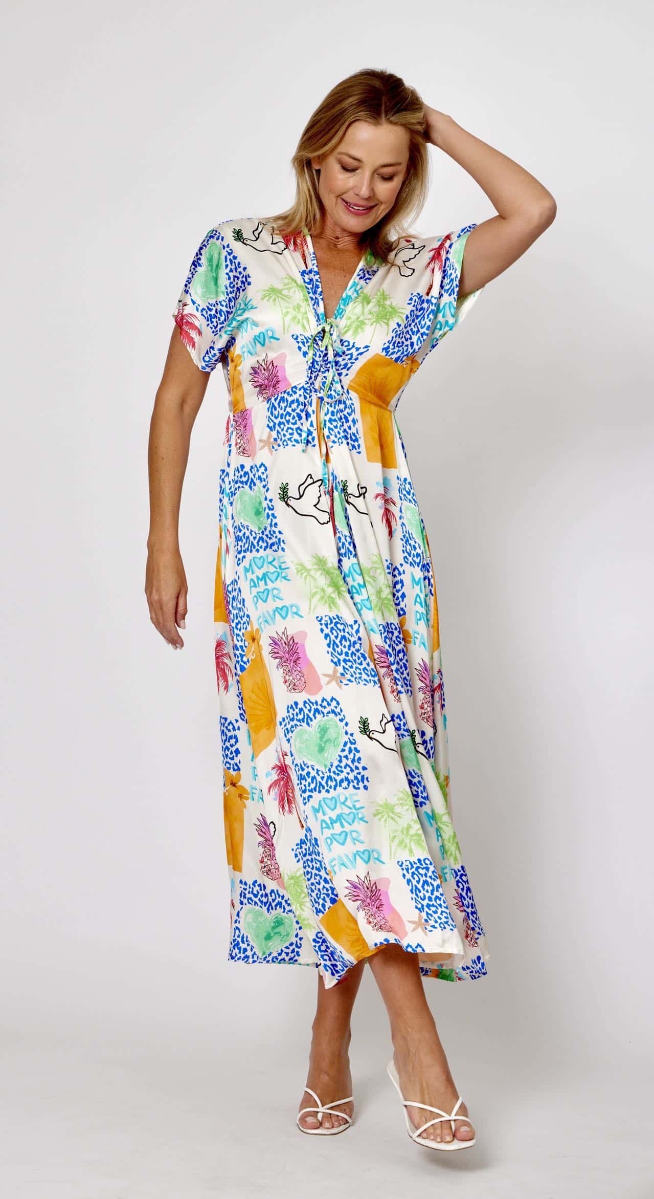 La Strada V-Neck Patchwork Maxi Dress - Ivory/Orange/Blue