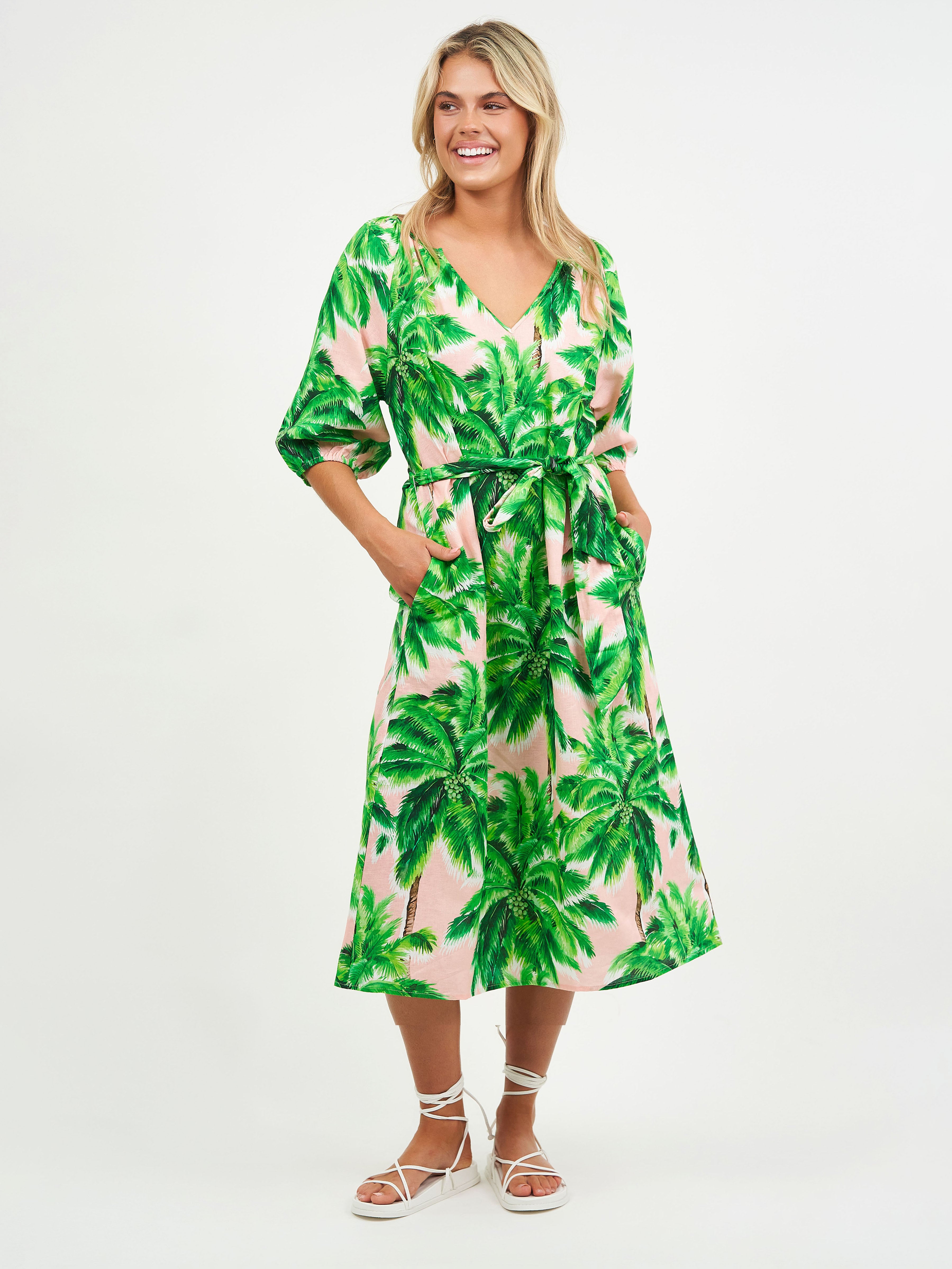 Liberty Rose Emerald Palm Print Linen Dress