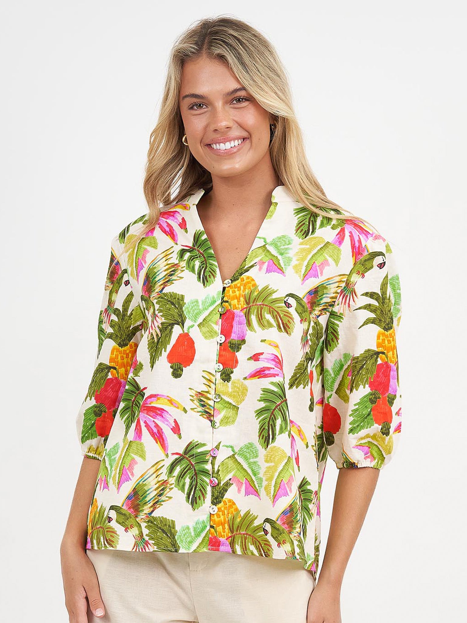 Liberty Rose Khaki Tropical Print Linen Top