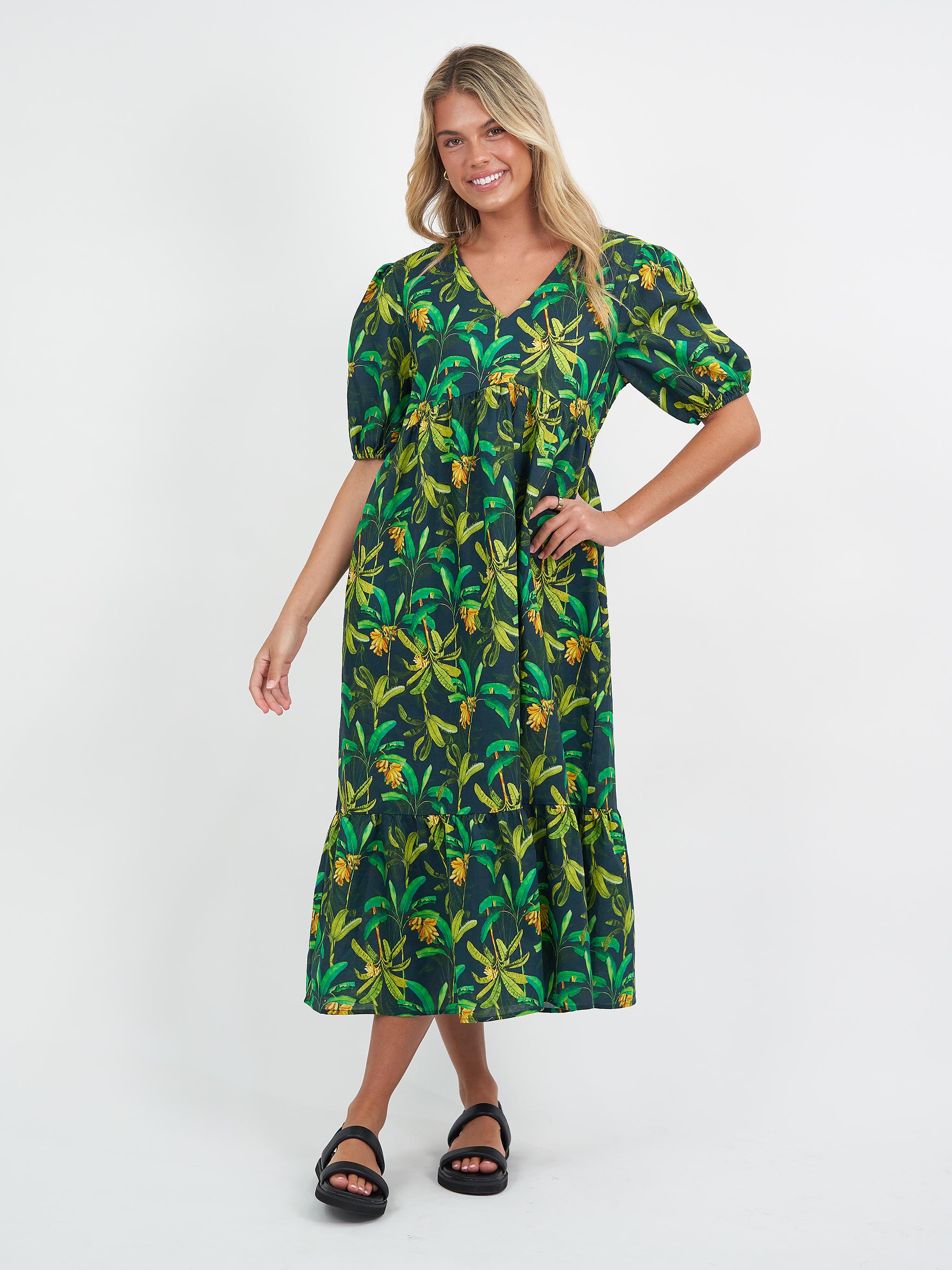 Liberty Rose Green Forest Linen Print V-Neck Dress