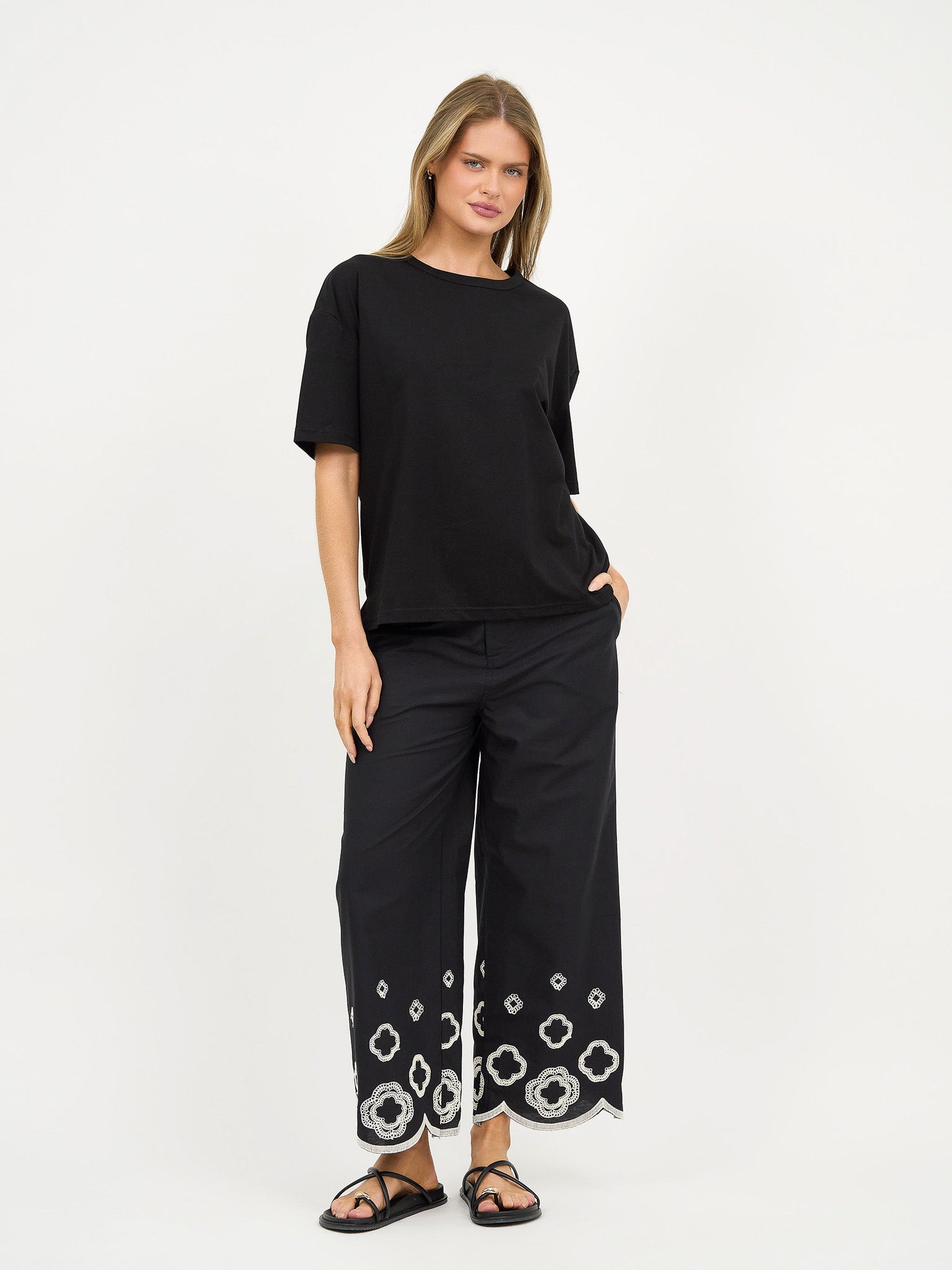 Liberty Rose Embroidered Pants - Black/White