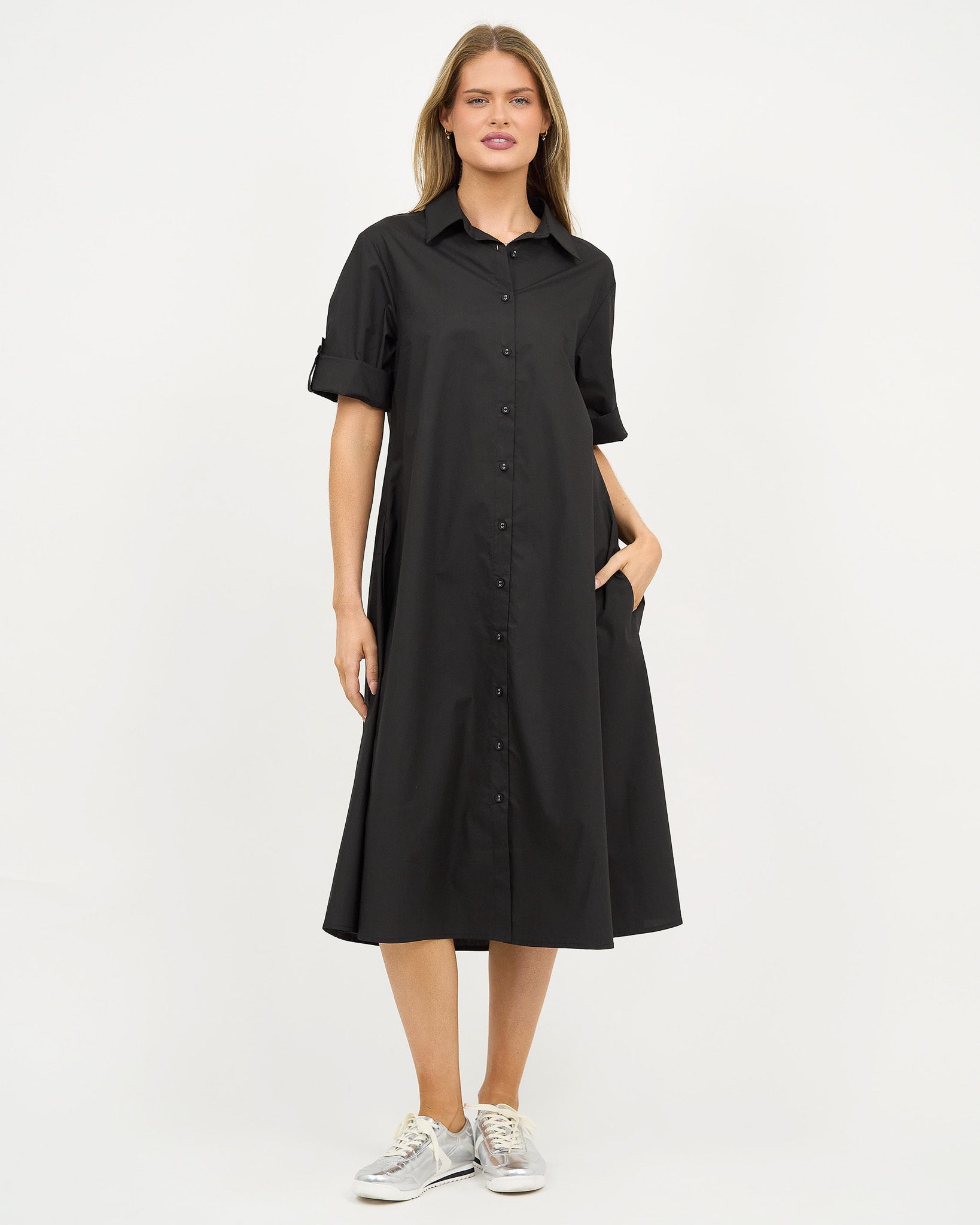 Liberty Rose Cotton Pocket Shirt Dress – Black