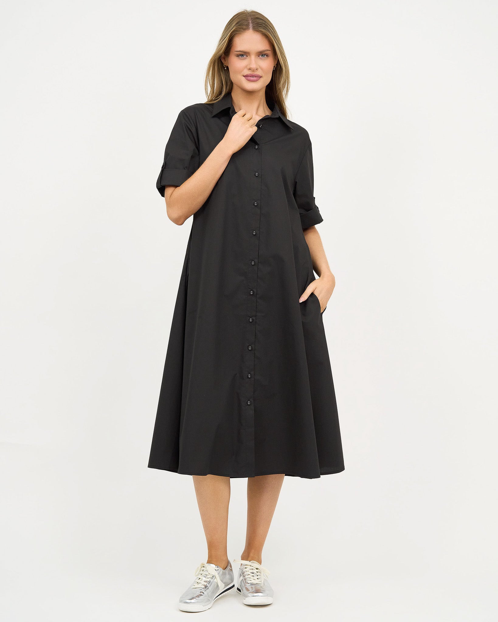 Liberty Rose Cotton Pocket Shirt Dress – Black