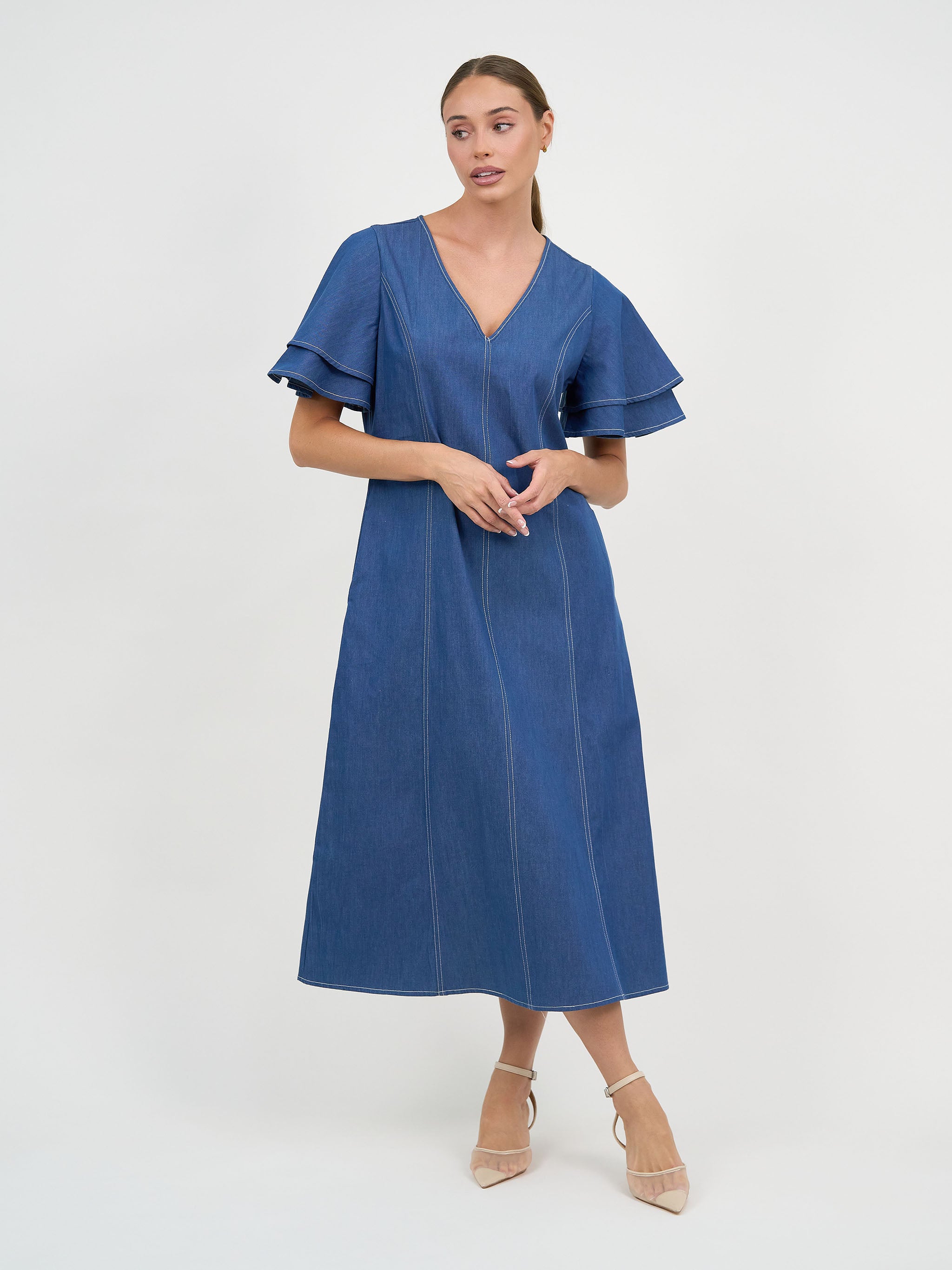 Liberty Rose Double Frill Sleeve Denim Dress