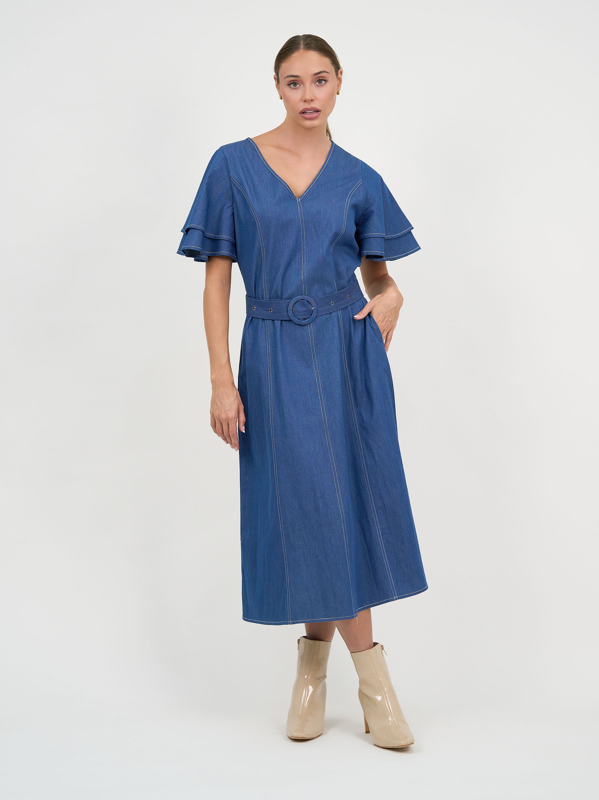 Liberty Rose Double Frill Sleeve Denim Dress