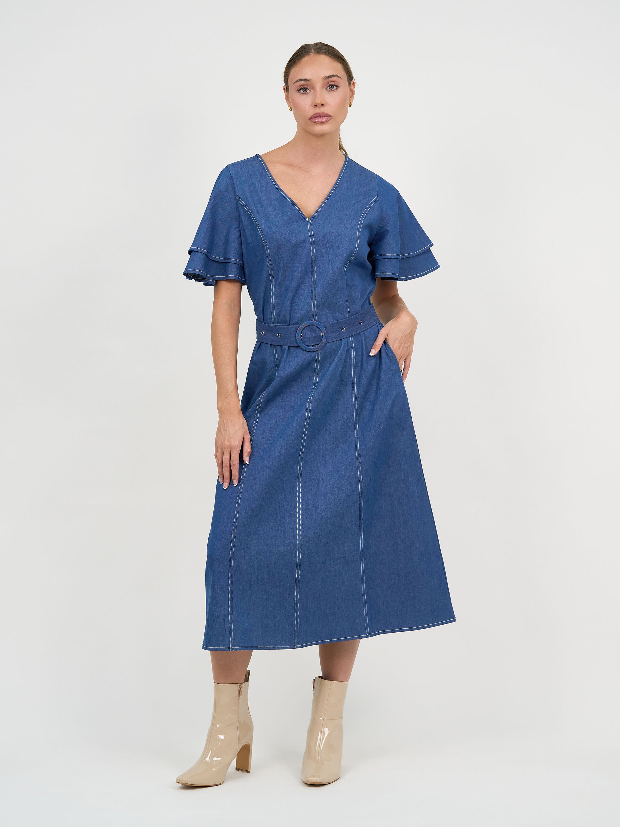 Liberty Rose Double Frill Sleeve Denim Dress