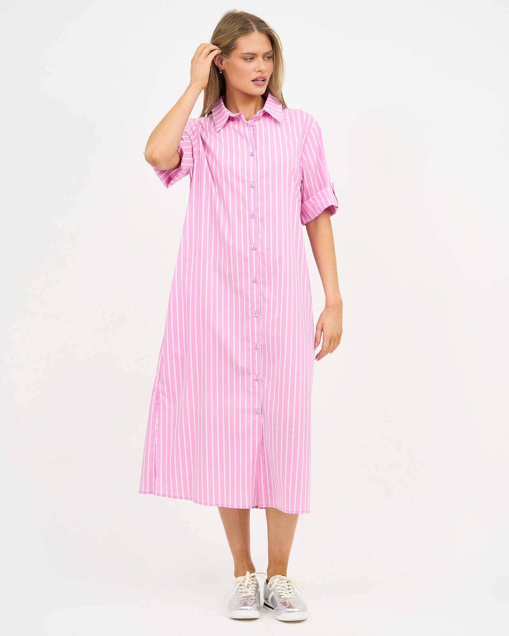 Liberty Rose Stripe Belted Shirt Dress - Pink/White