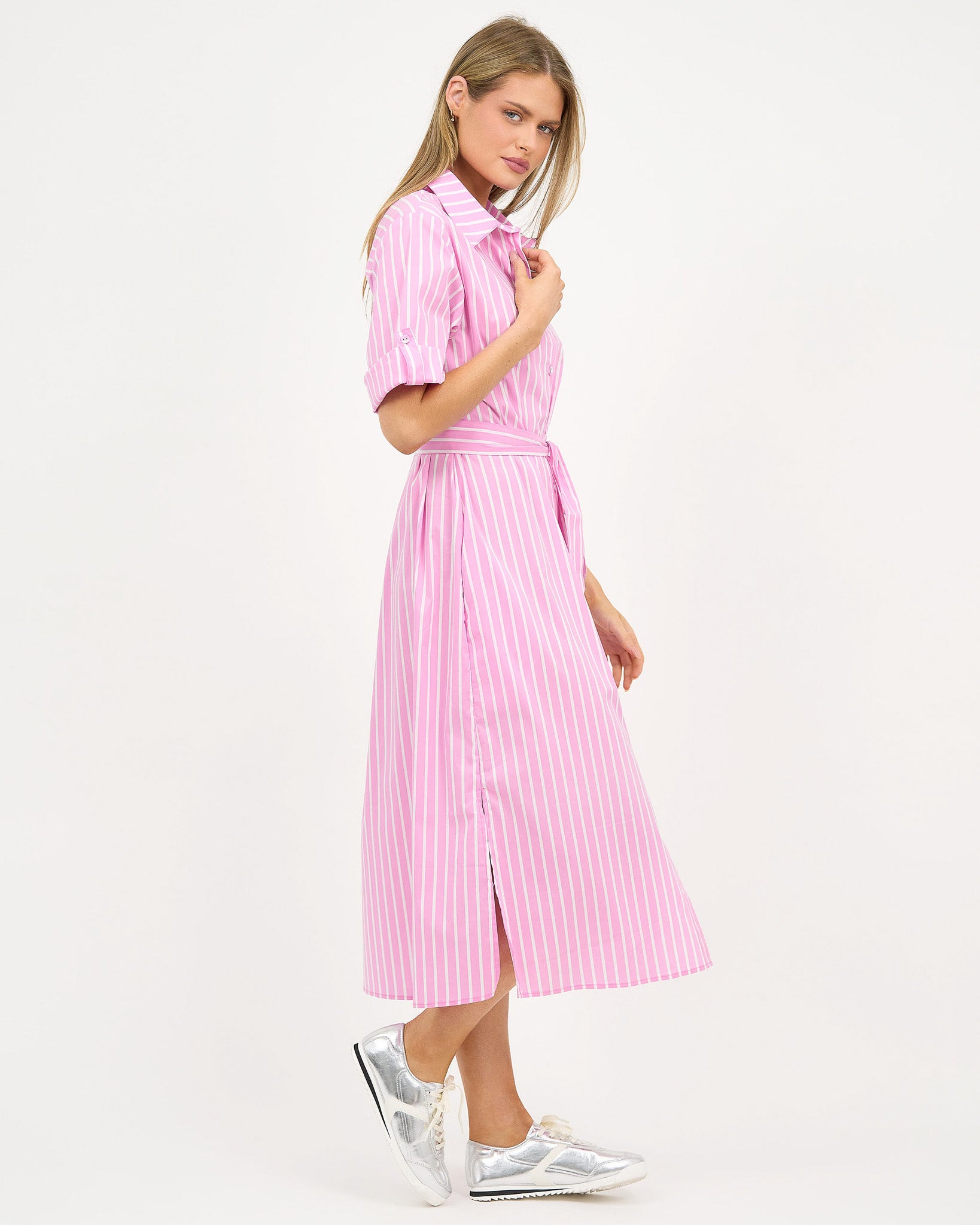 Liberty Rose Stripe Belted Shirt Dress - Pink/White