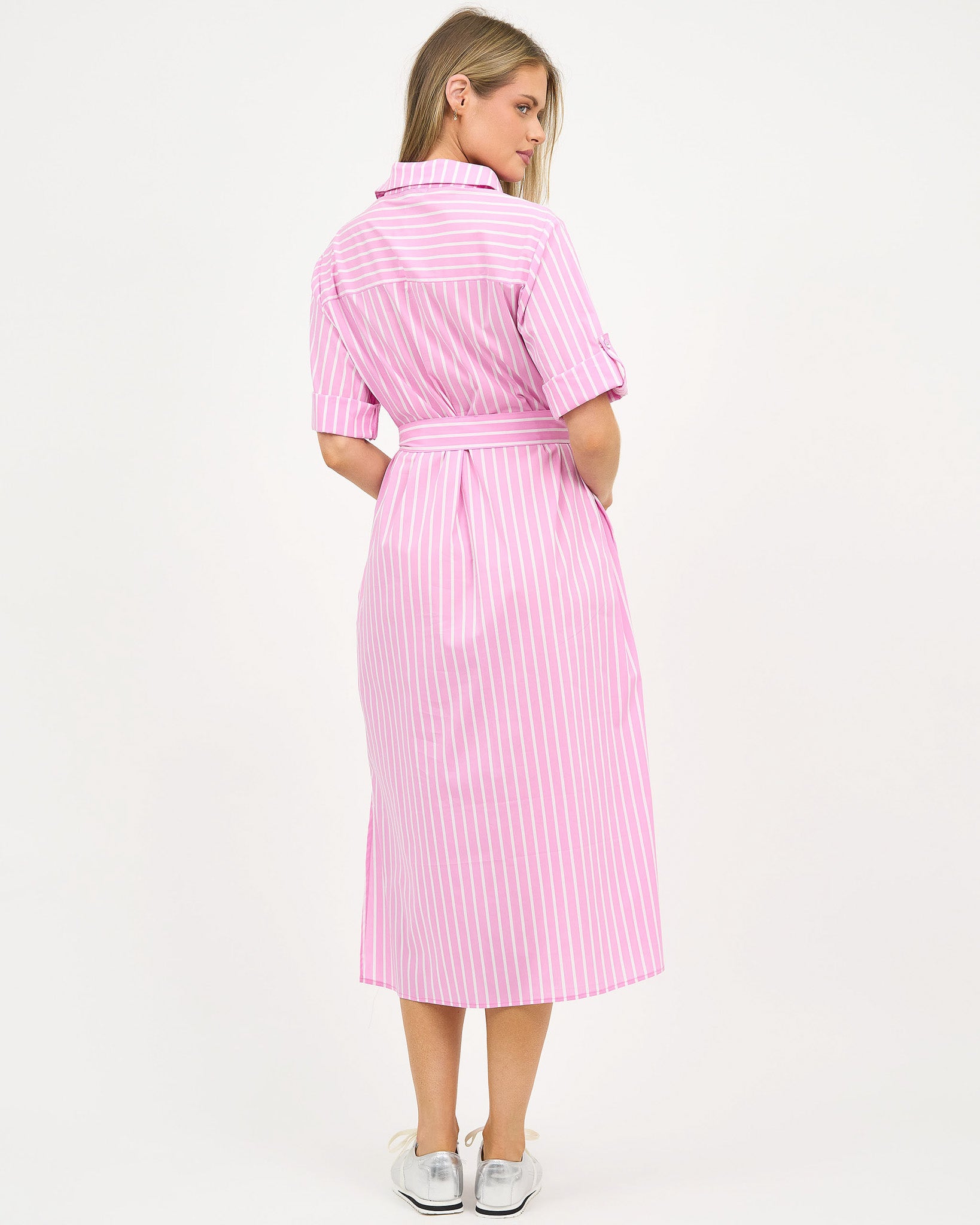 Liberty Rose Stripe Belted Shirt Dress - Pink/White