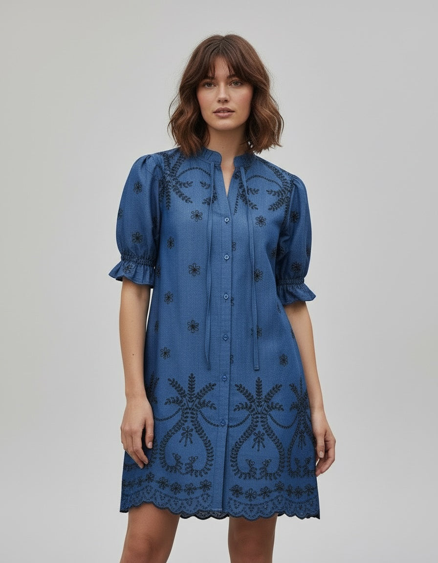 Liberty Rose Embroidered Short Dress - Mid Blue