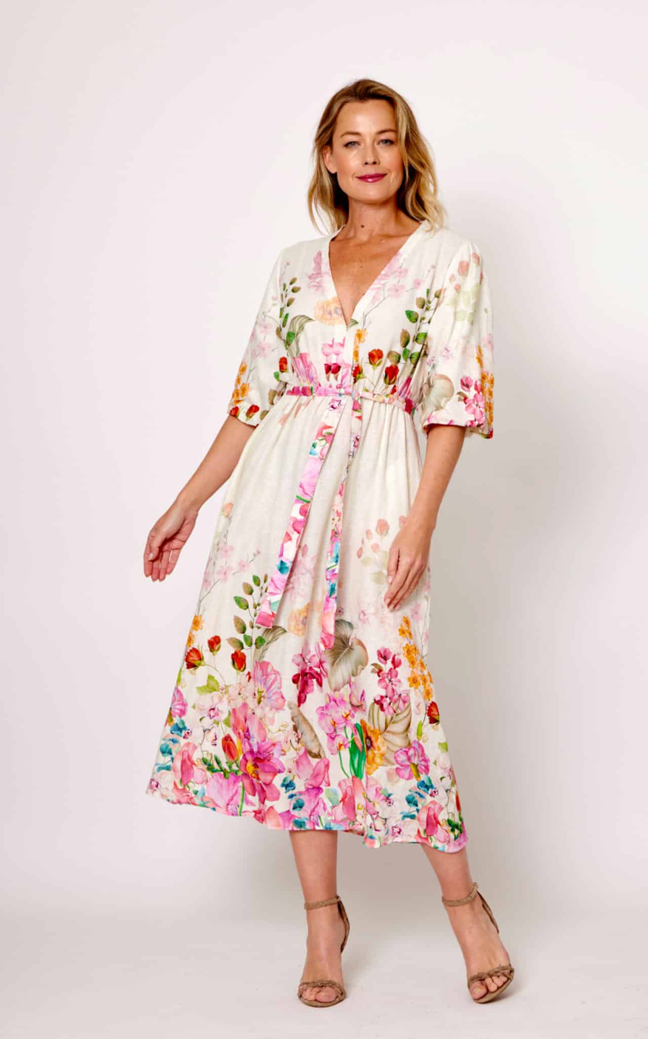 La Strada Puff Sleeve Belted Dress - Cream/Pink Floral