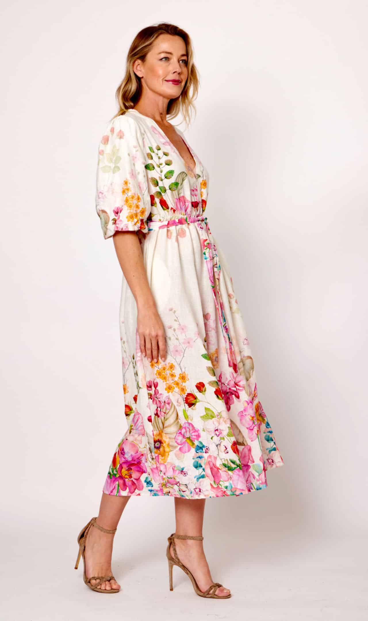 La Strada Puff Sleeve Belted Dress - Cream/Pink Floral