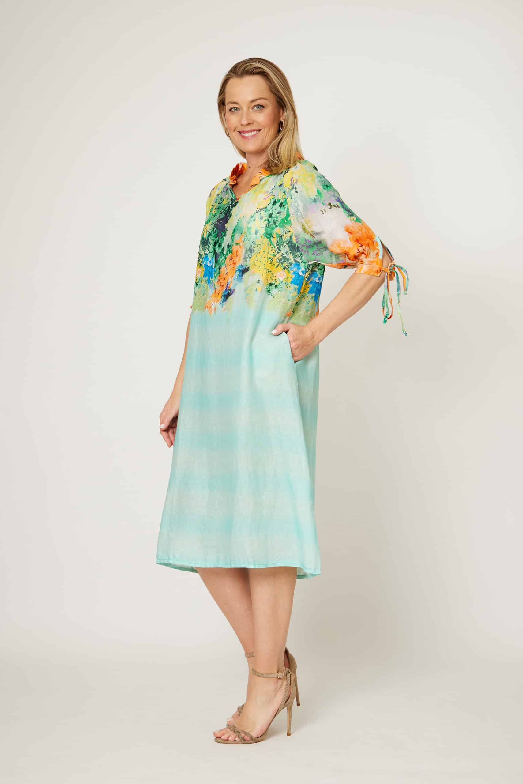 La Strada High Collared Collar Dress - Mint/Orange Floral