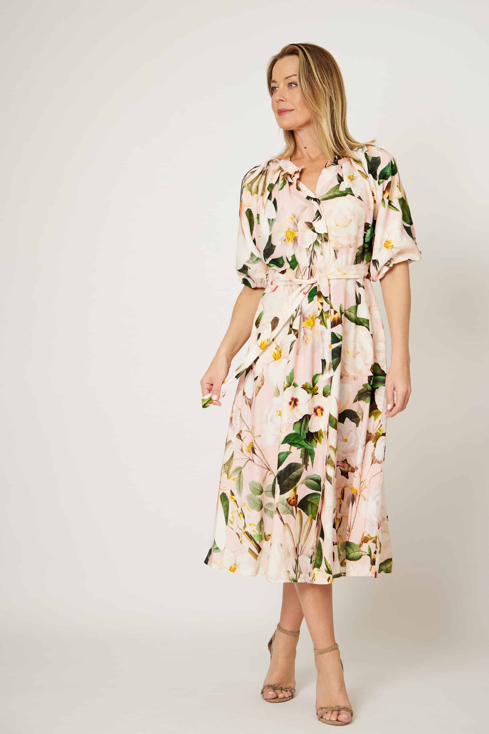 La Strada Puff Sleeve Belted Shirt Dress - Pink/Green Floral