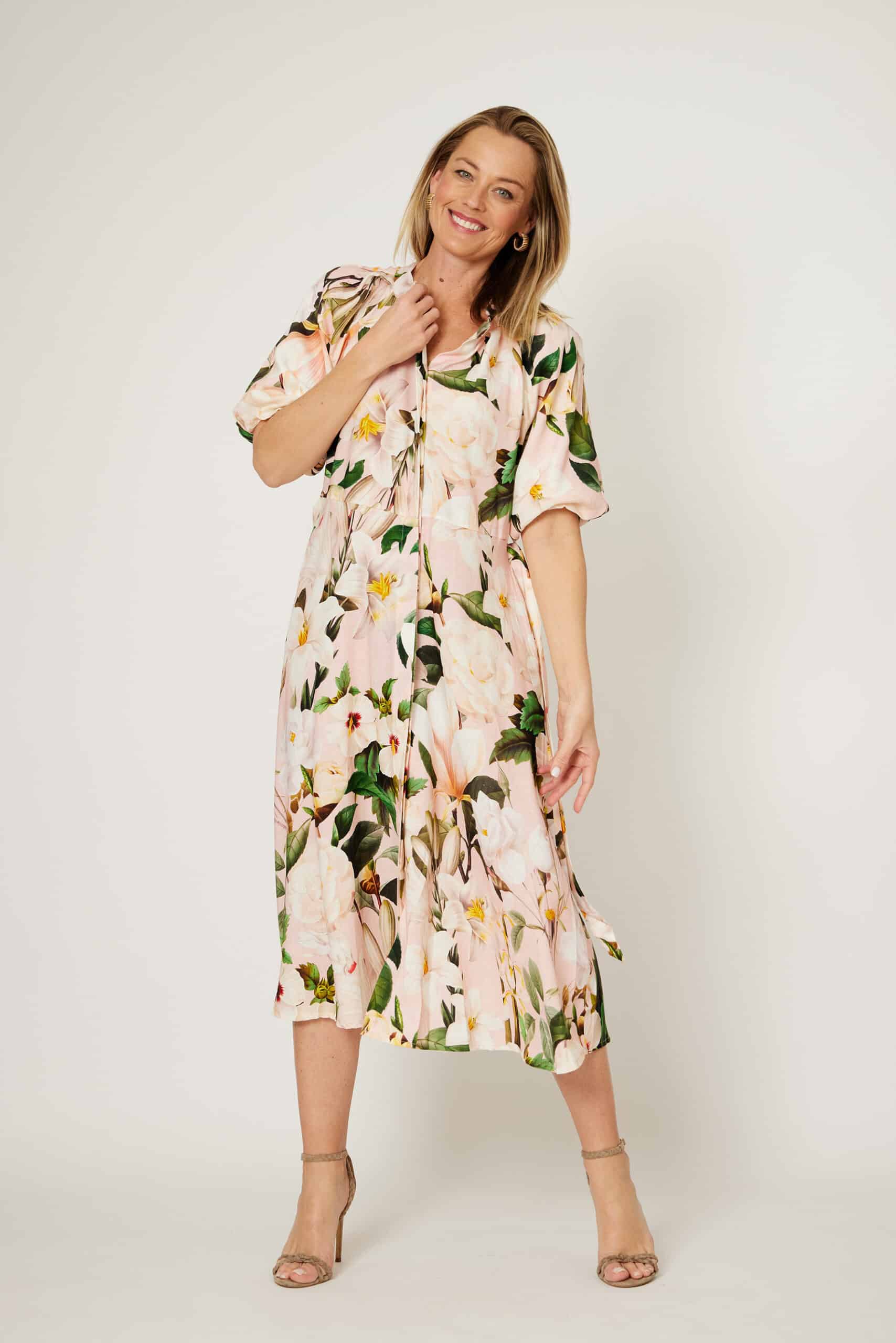 La Strada Puff Sleeve Belted Shirt Dress - Pink/Green Floral