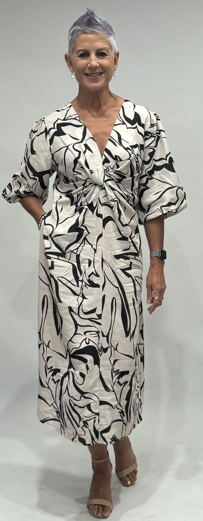 LA STRADA V NECK WITH KNOT DETAIL ABSTRACT PRINT DRESS